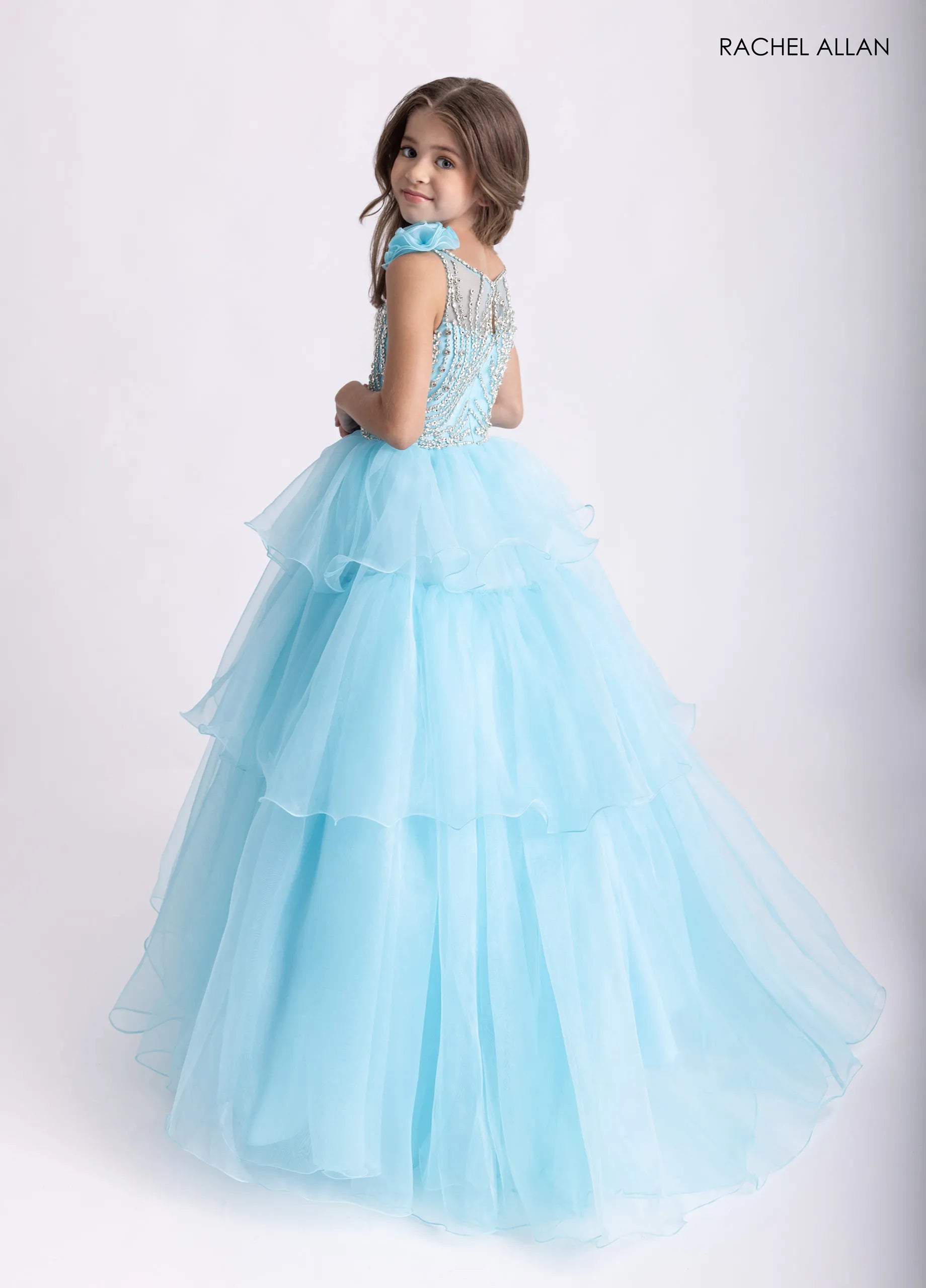 Turquoise Jewel Neck Floor-Length Mesh Flower Girl Ball Gown with Tiered Ruffles Rachel Allan 10321