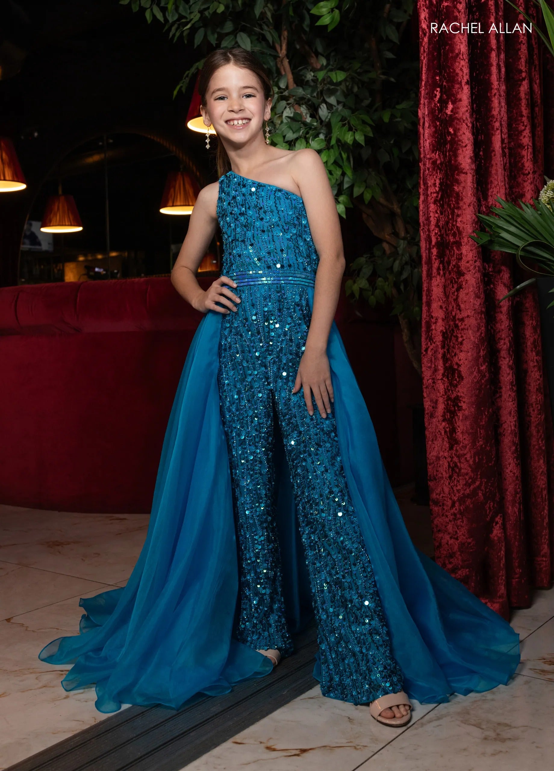 Ocean One-Shoulder Floor-Length Beaded Pageant Jumpsuit with Organza Overskirt Rachel Allan 10290