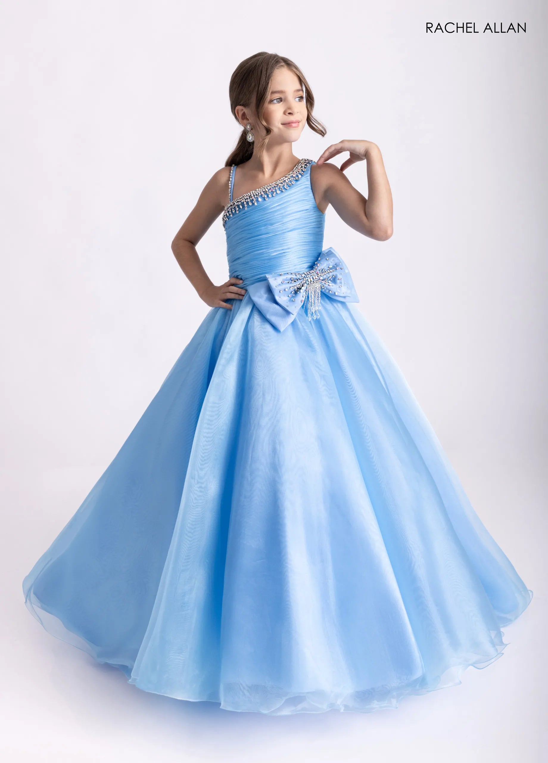 Sky Blue One-Shoulder Floor-Length Organza Flower Girl Pageant Gown with Crystal Trim Rachel Allan 10327