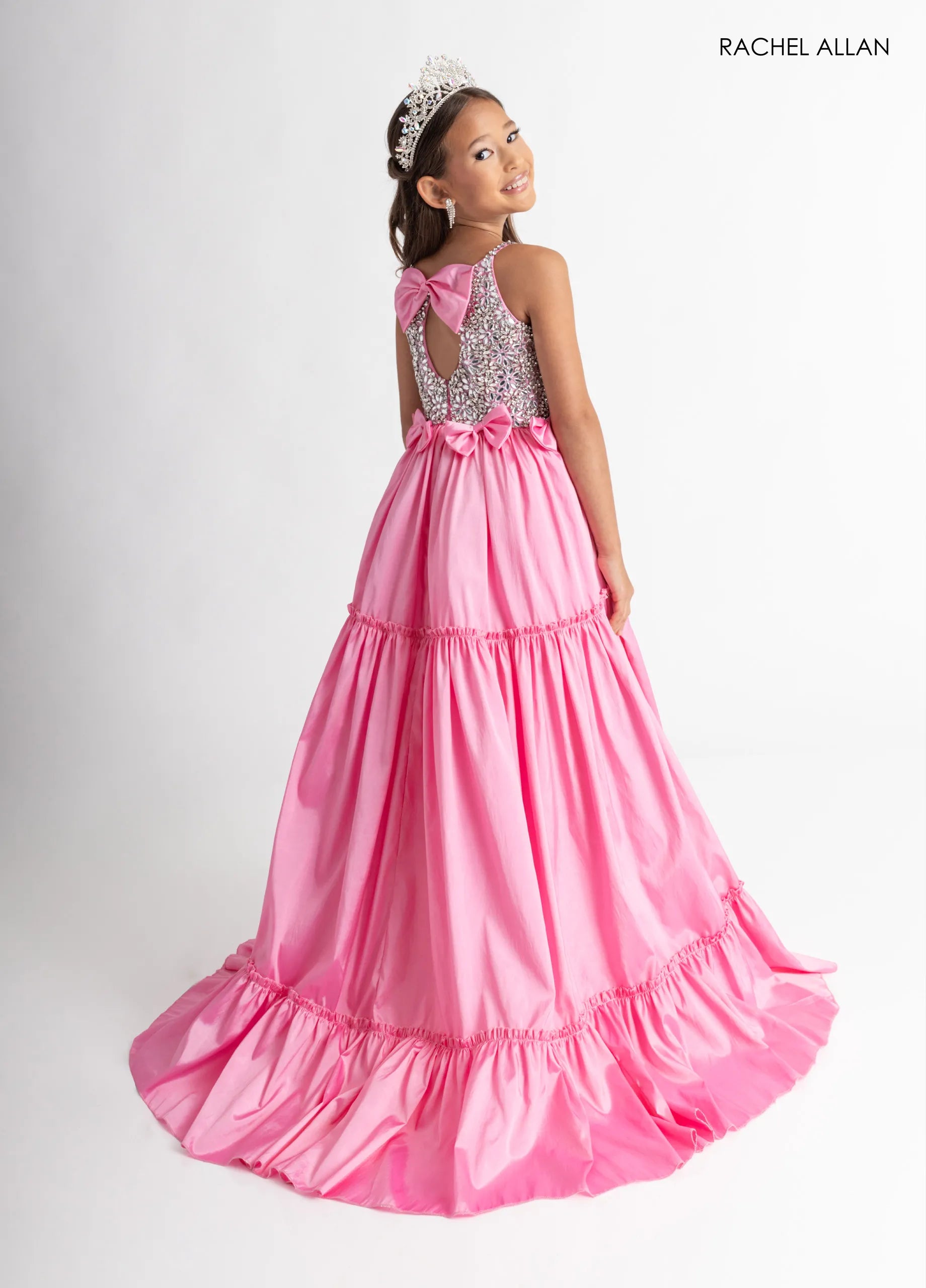 Candy Pink Scoop Neck Floor-Length Sequin Pageant Romper with Ruffled Overskirt Rachel Allan 10301
