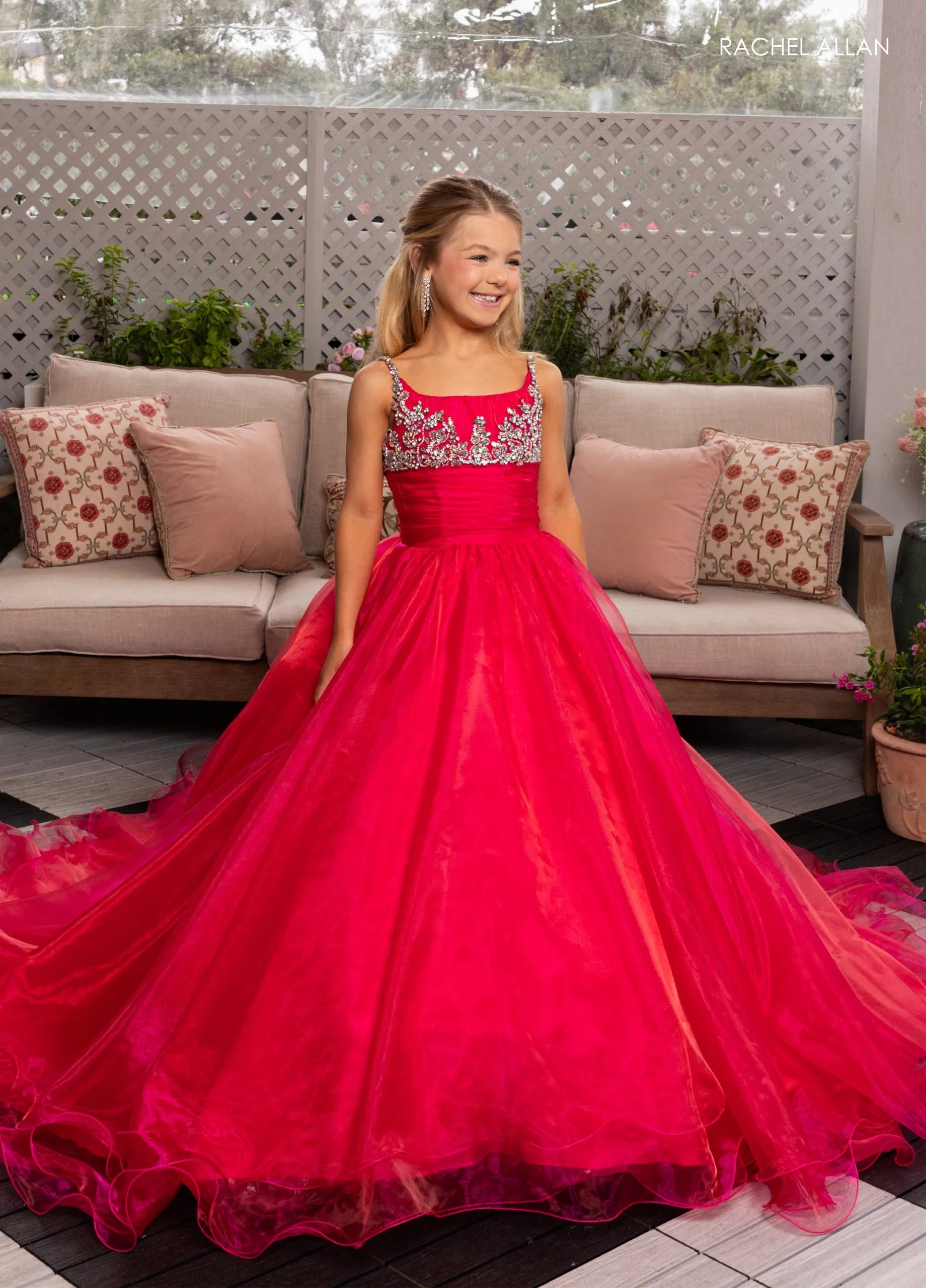 Hot Pink Scoop-Neck Floor-Length Organza Pageant Ball Gown with Crystal-Beaded Bodice Rachel Allan 10287