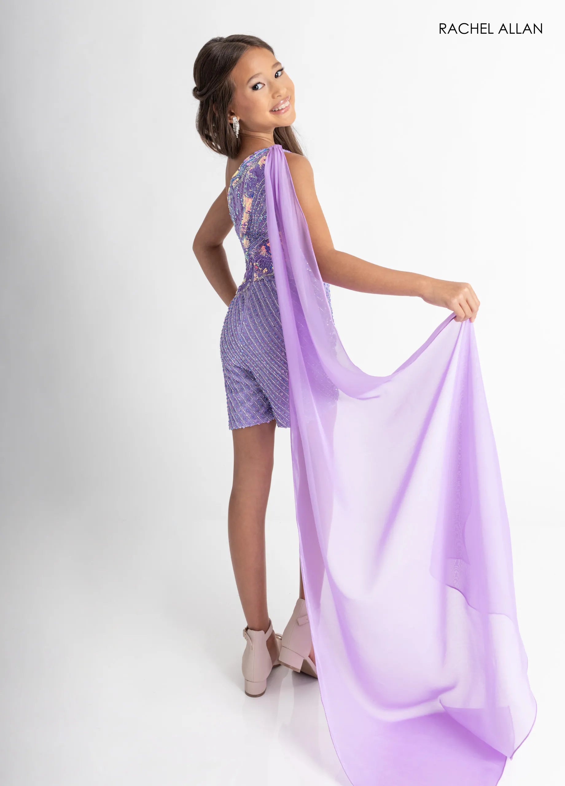 Lilac One-Shoulder Mini Sequin Flower Girl Pageant Romper with Chiffon Cape Rachel Allan 10325
