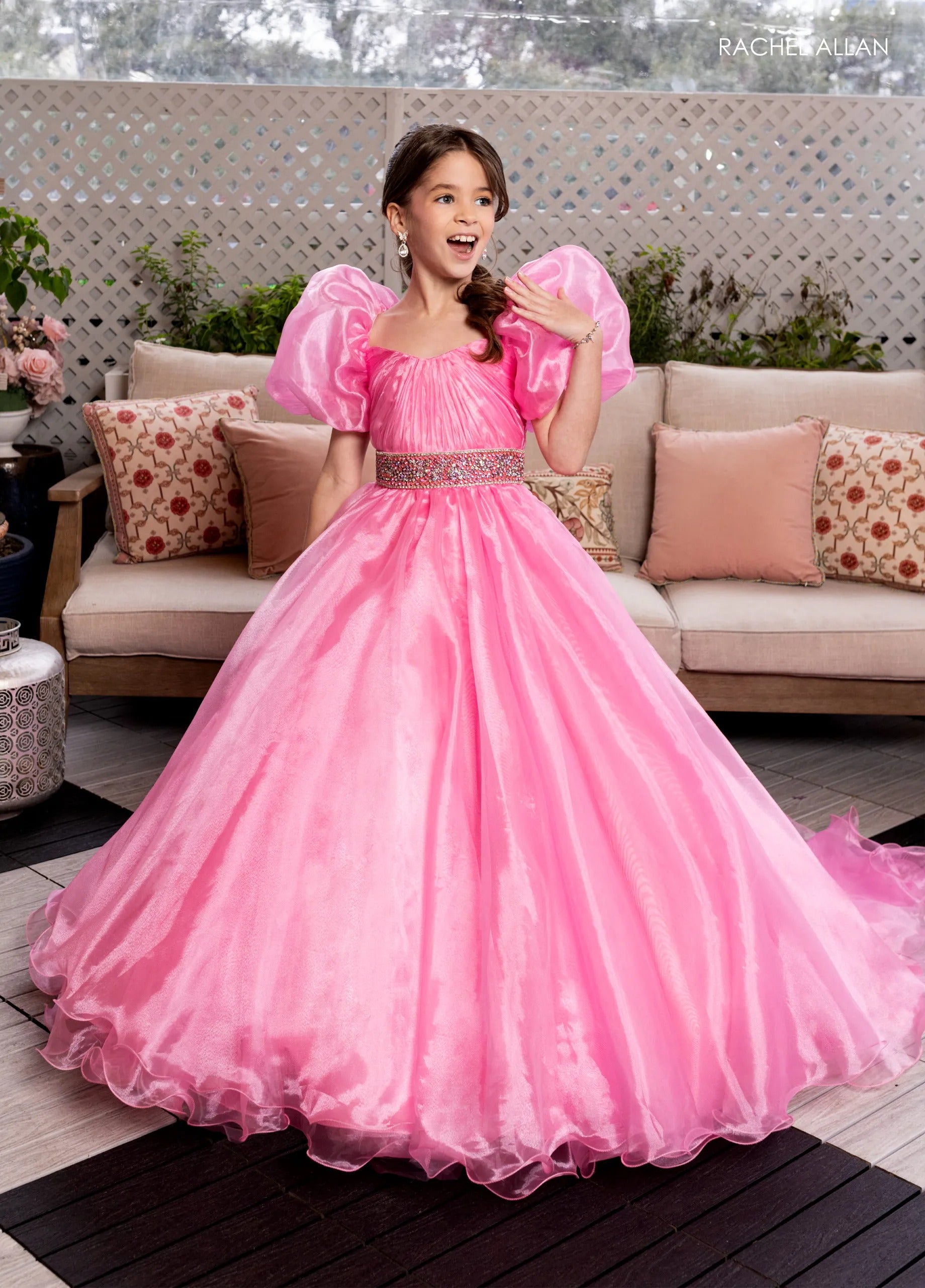 Pink Sweetheart Floor-Length Organza Flower Girl Ball Gown with Voluminous Puff Sleeves Rachel Allan 10275