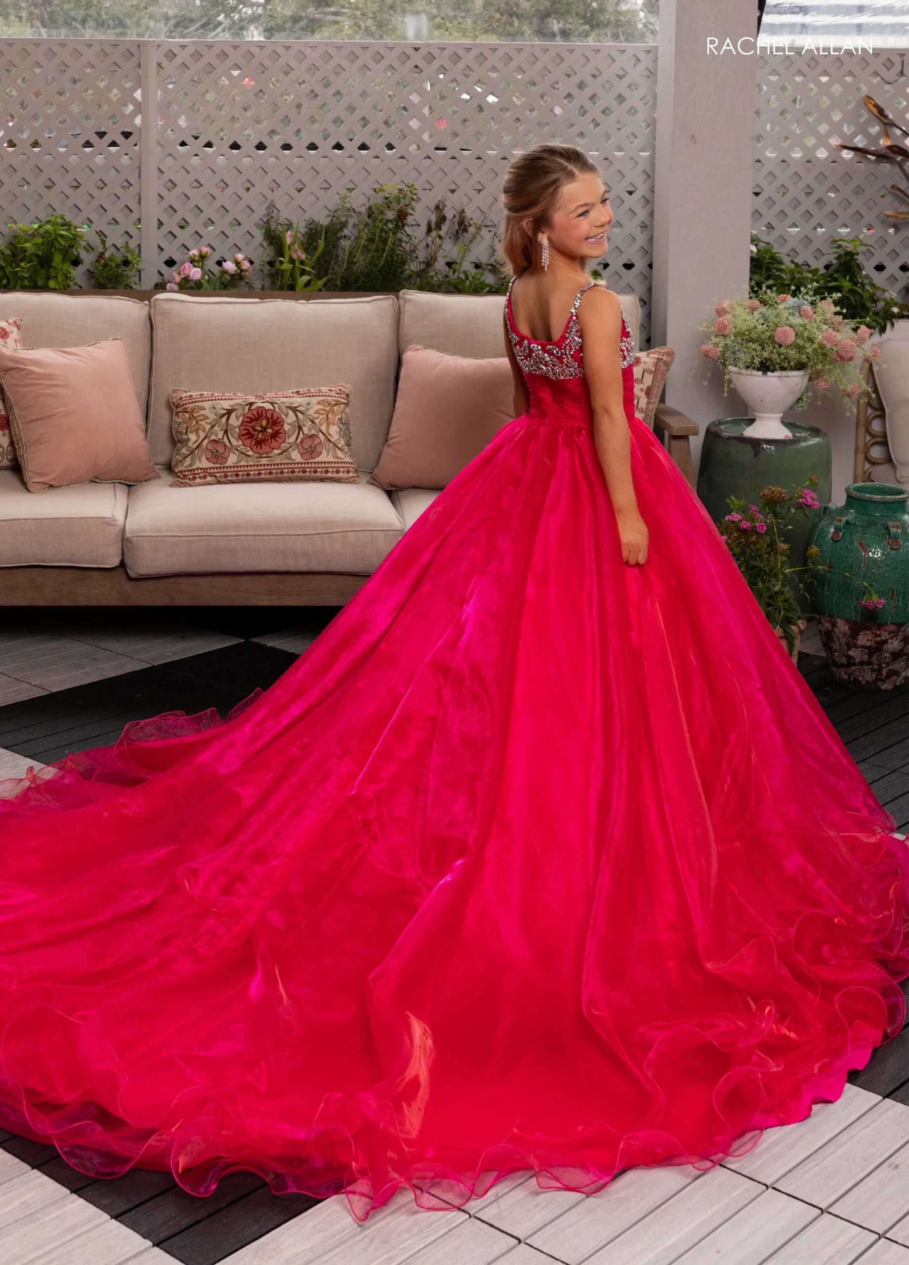 Hot Pink Scoop-Neck Floor-Length Organza Pageant Ball Gown with Crystal-Beaded Bodice Rachel Allan 10287