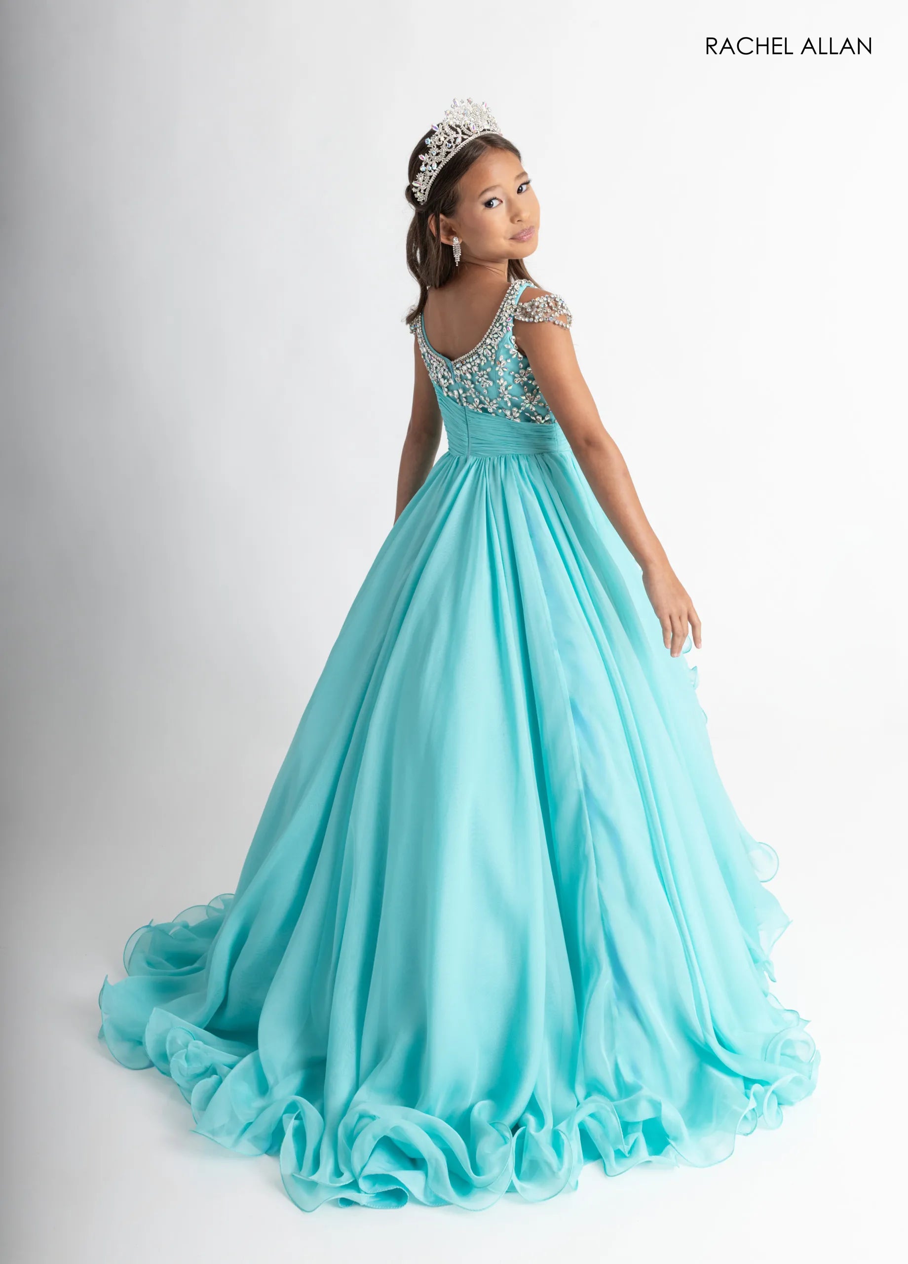 Illusion Neckline Long Chiffon Flower Girl Dress by Rachel Allan 10302 in Aqua