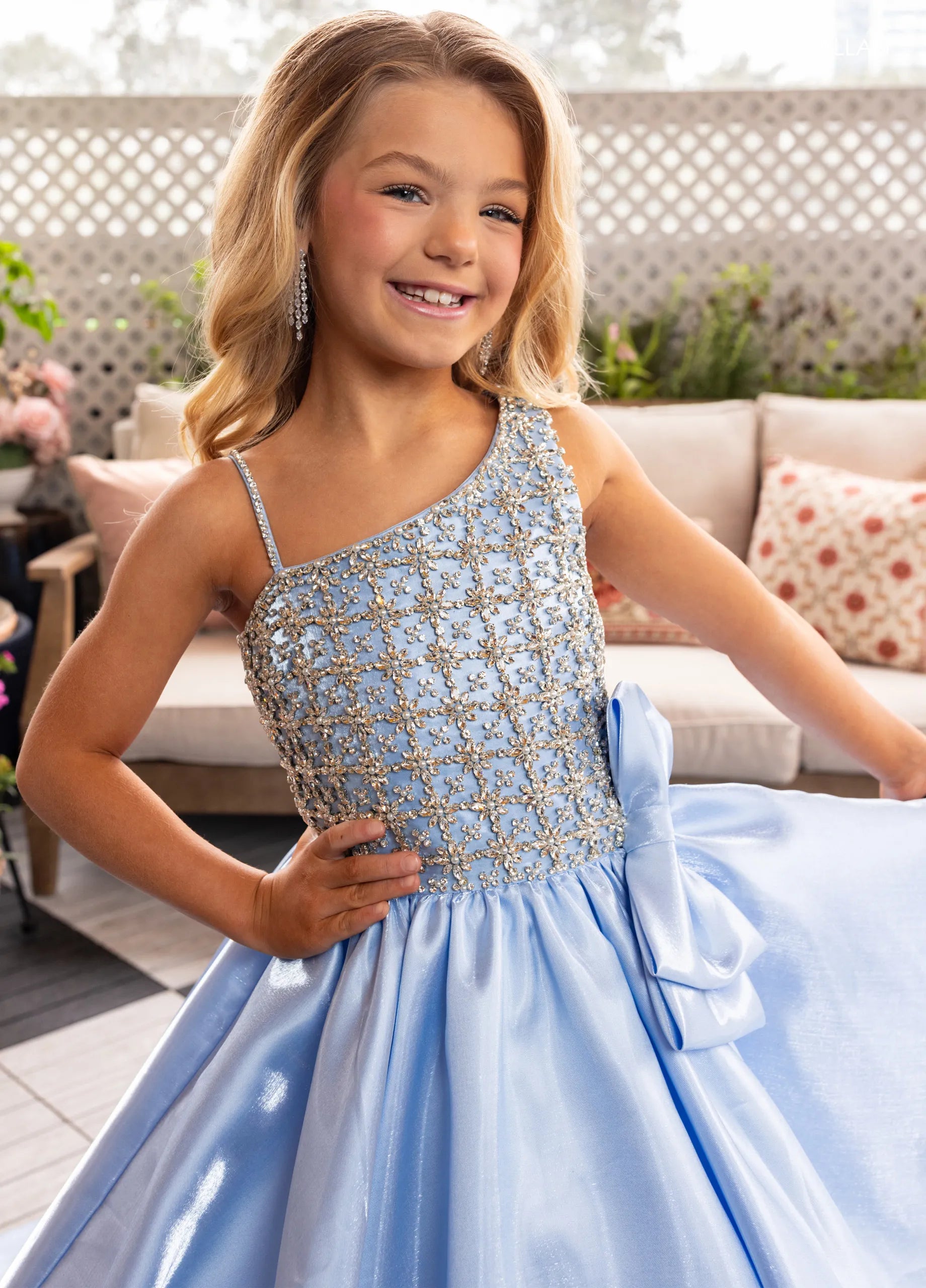 Powder Blue One-Shoulder Floor-Length Shimmer Satin Flower Girl Dress with Beaded Bodice and Side Bow Rachel Allan 10298