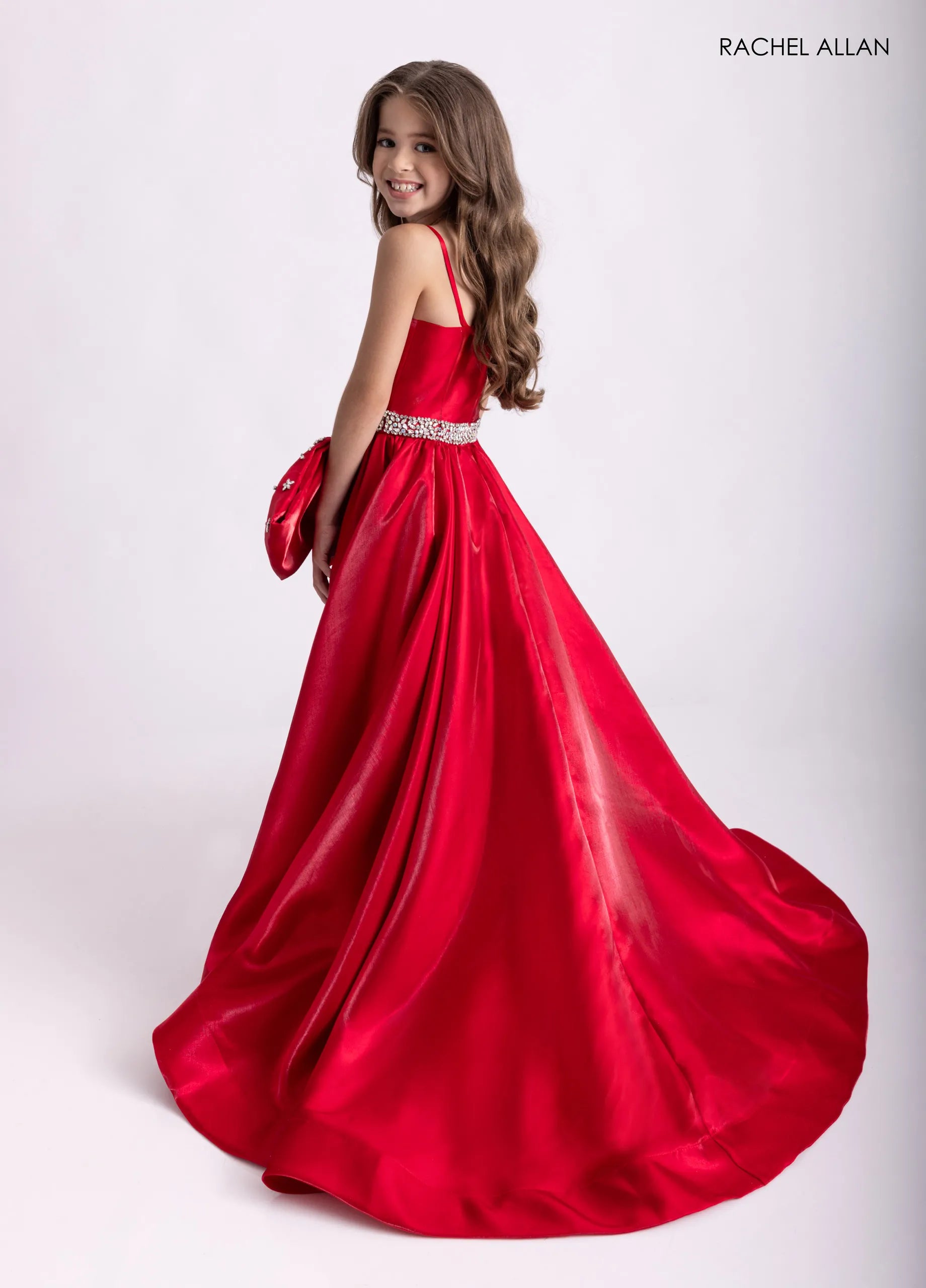 Red One-Shoulder Floor-Length Satin Formal Flower Girl Gown with Crystal Beading Rachel Allan 10316