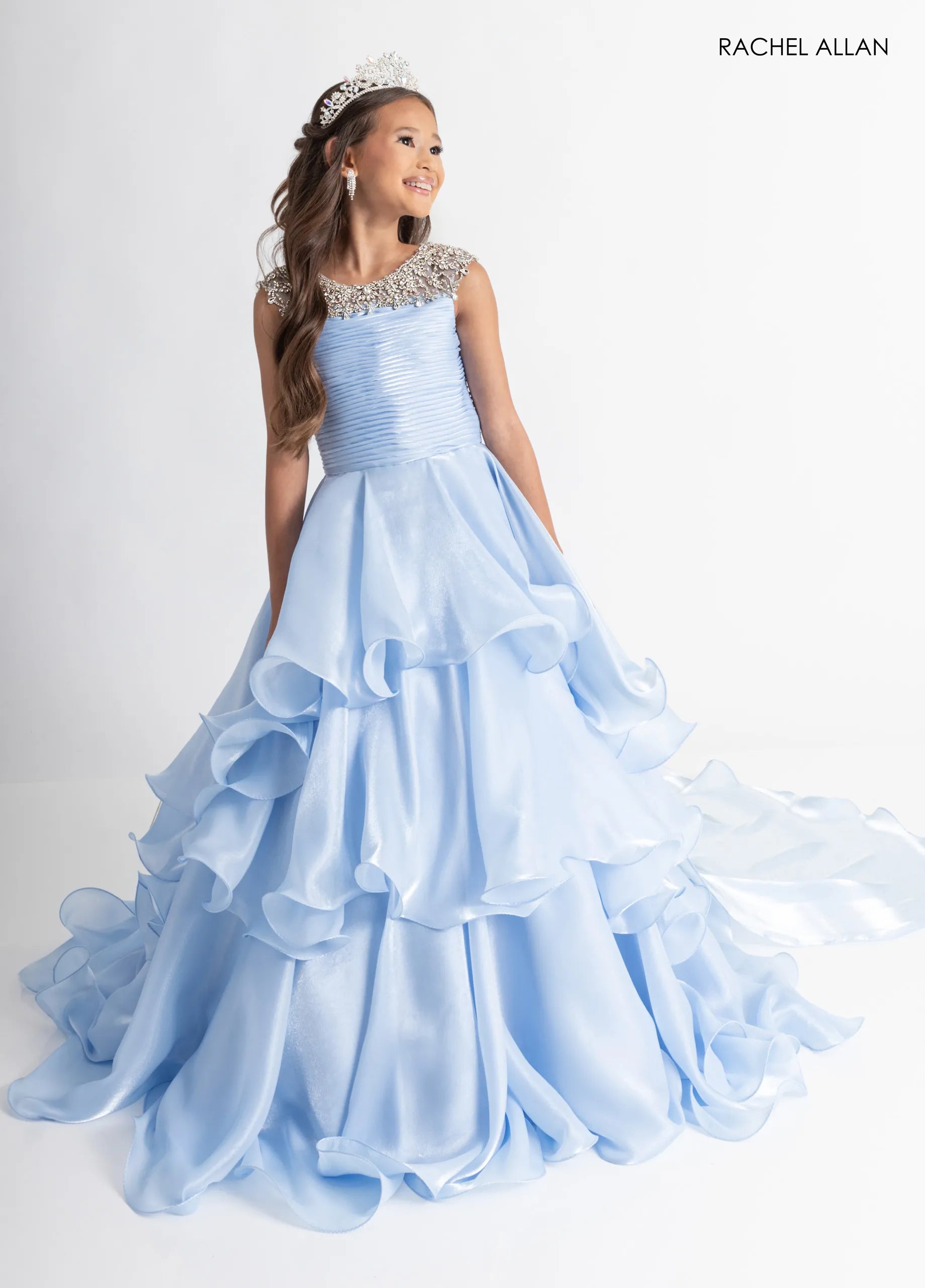 Jewel Neck Long Organza Flower Girl Dress by Rachel Allan 10310 in Powder Blue