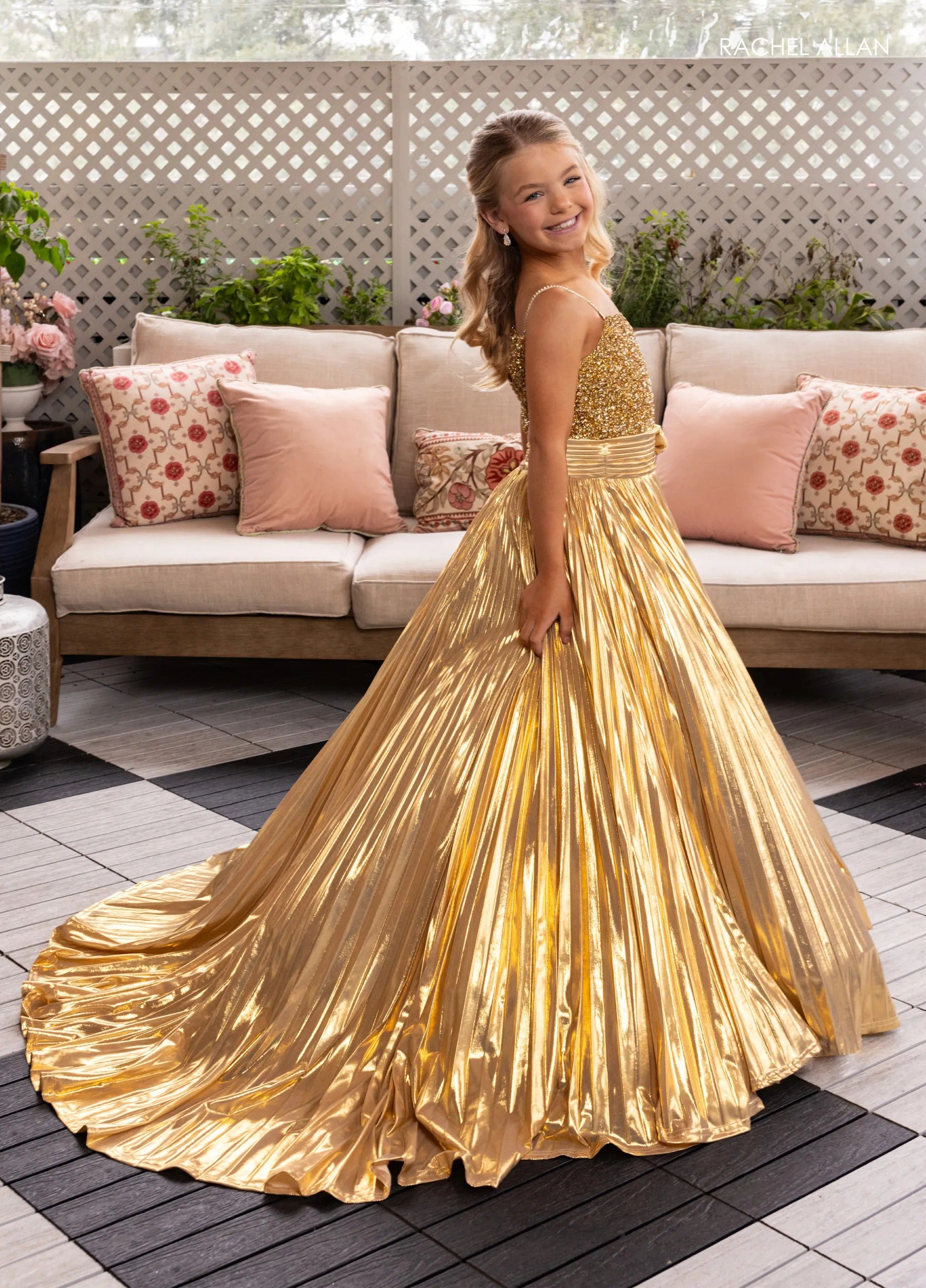 Gold Square Neck Floor-Length Pleated Lame Pageant Gown with 3D Floral Accent Rachel Allan 10277