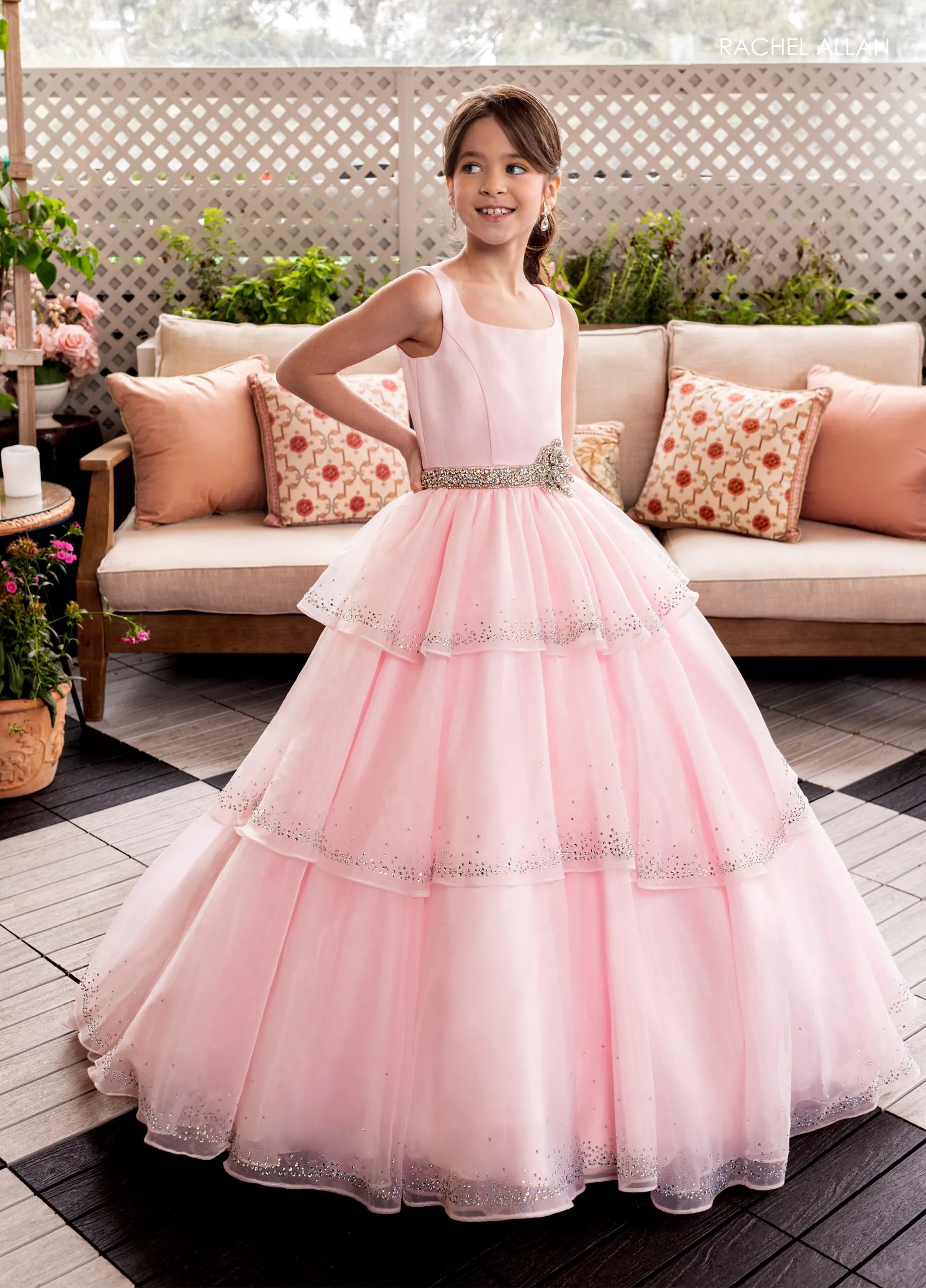 Pink Scoop-Neck Floor-Length Satin and Organza Flower Girl Ball Gown with Beaded Tiers Rachel Allan 10283