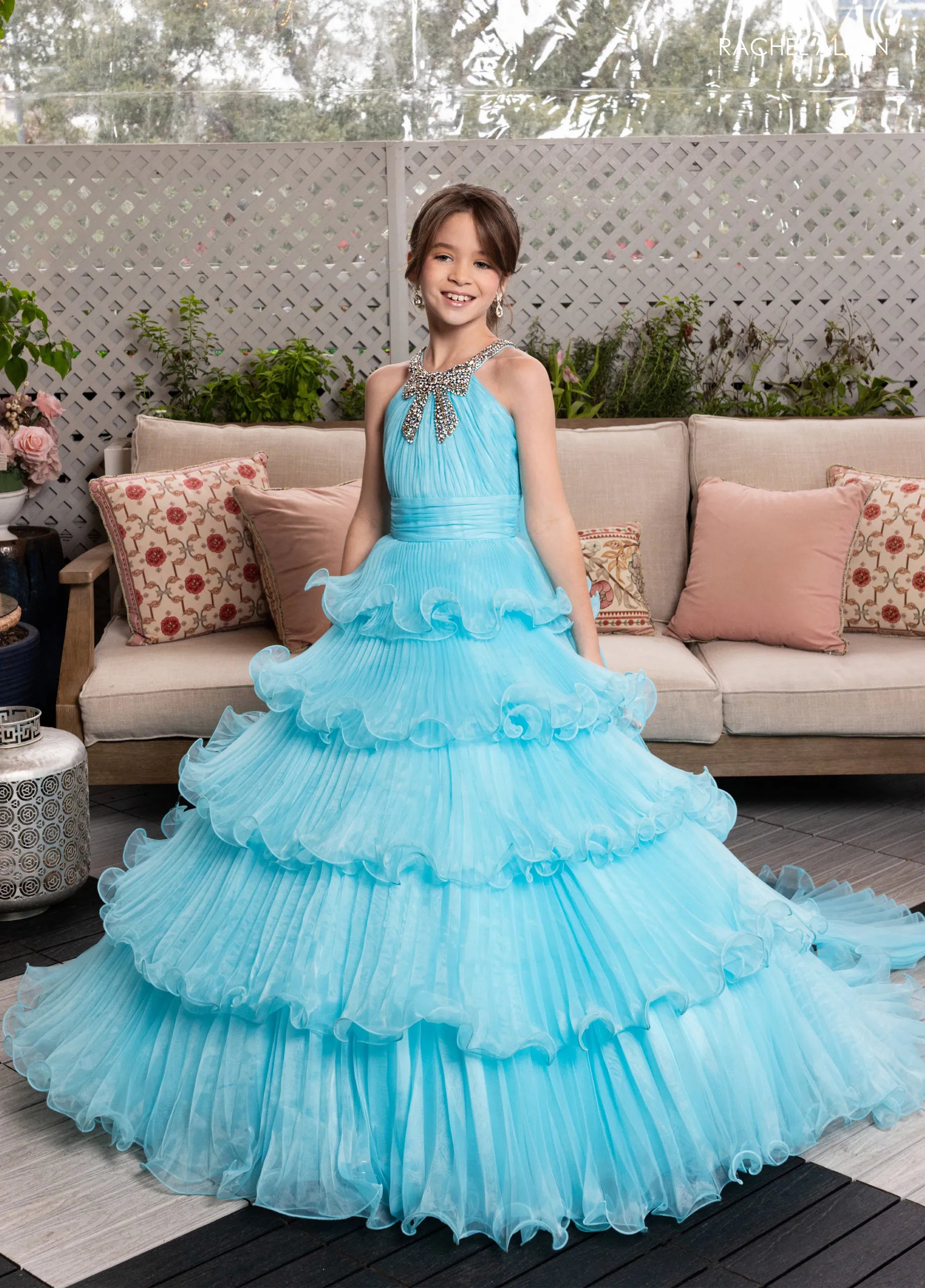 Turquoise Halter Floor-Length Pleated Organza Pageant Ball Gown with Crystal Bow Rachel Allan 10280