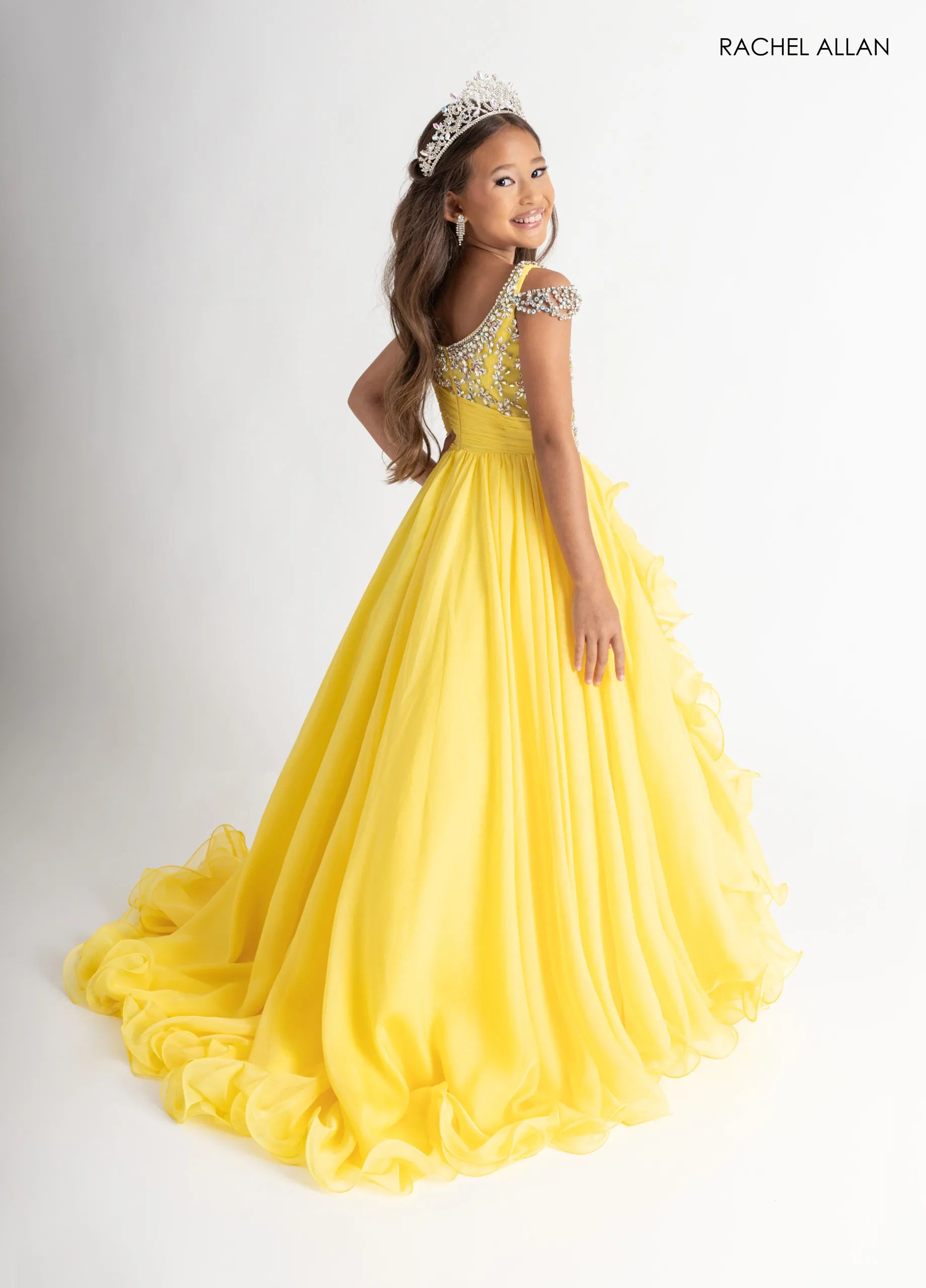 Illusion Neckline Long Chiffon Flower Girl Dress by Rachel Allan 10302 in Yellow