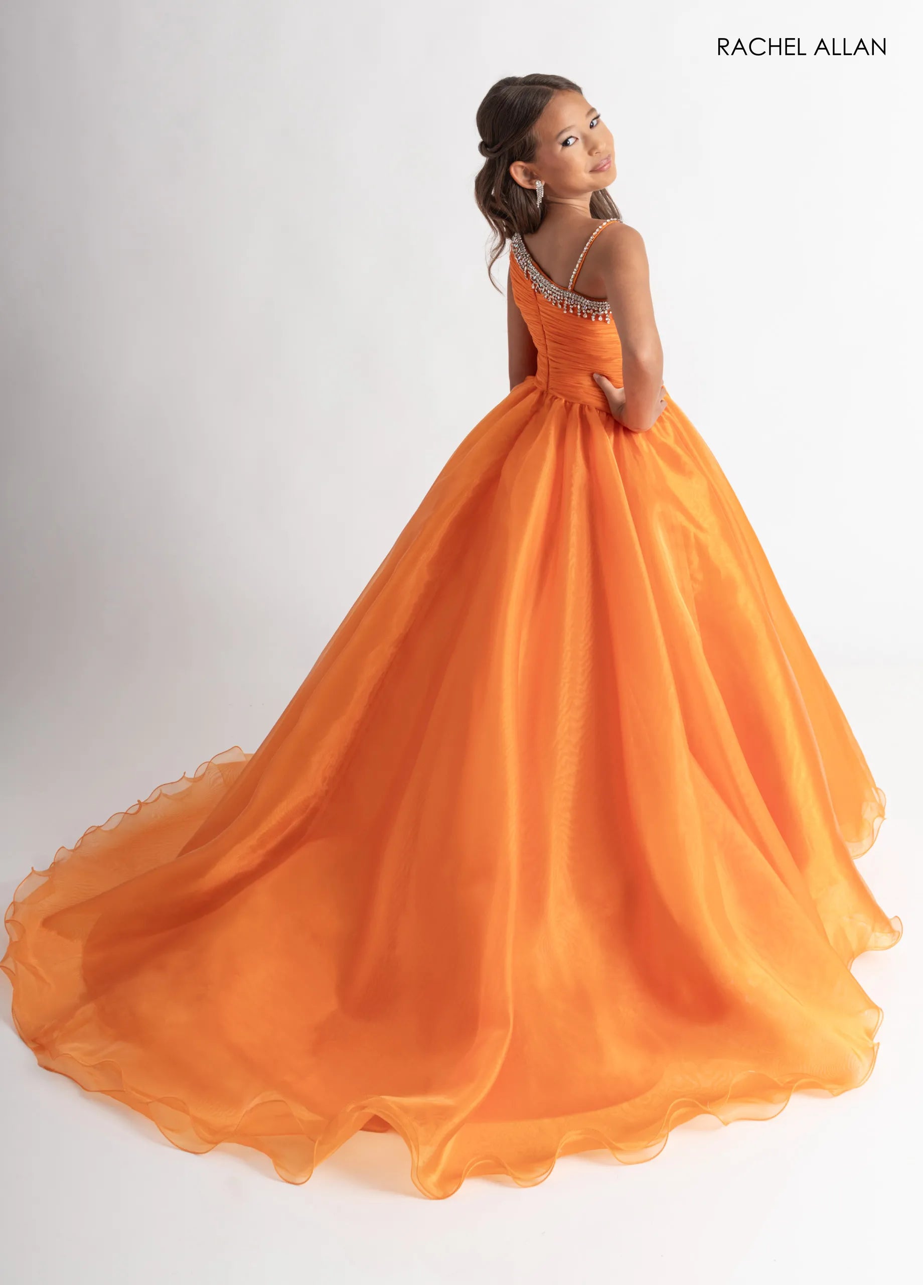 Tangerine One-Shoulder Floor-Length Organza Flower Girl Pageant Gown with Crystal Trim Rachel Allan 10327