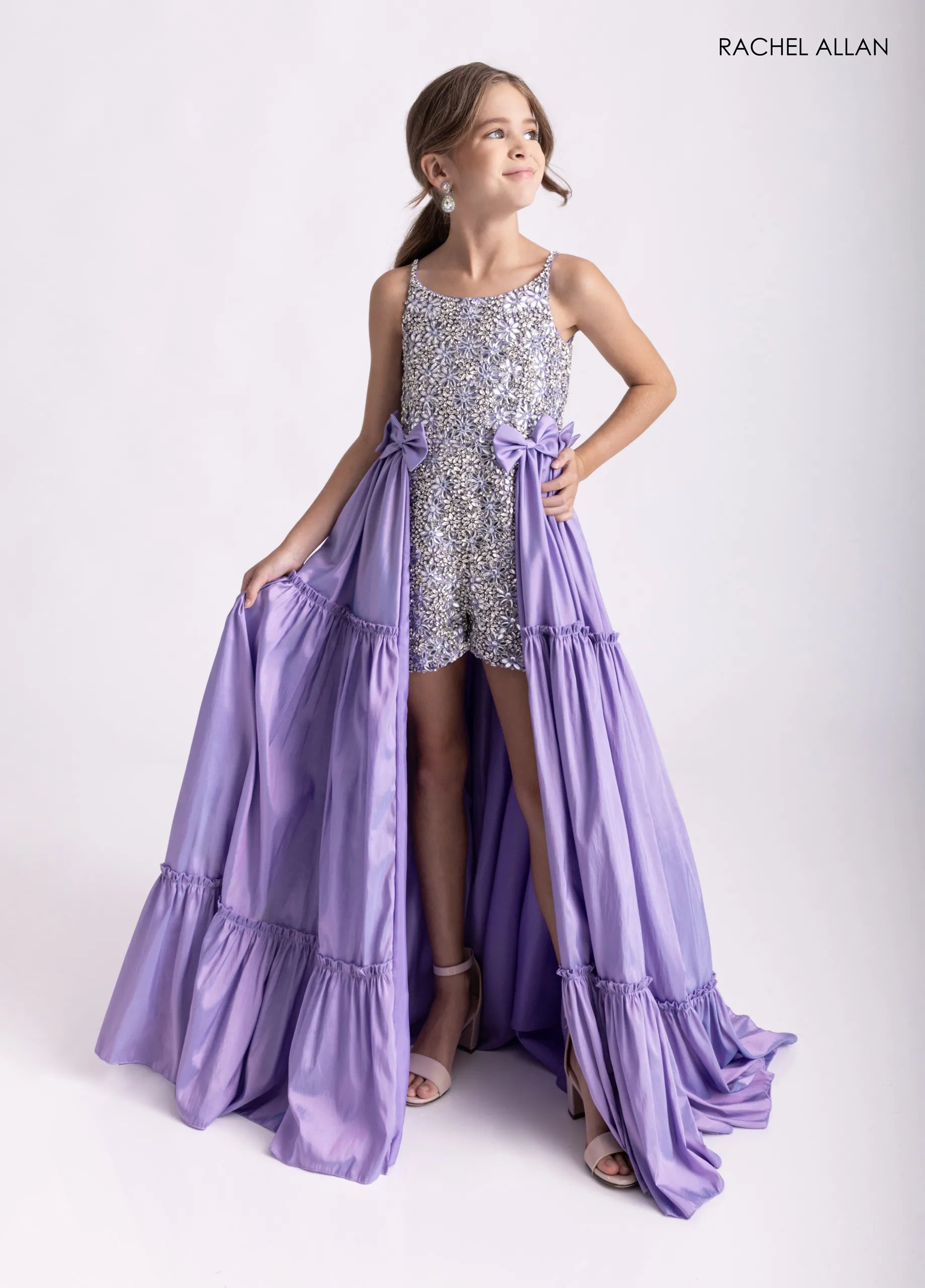 Lilac Scoop Neck Floor-Length Sequin Pageant Romper with Ruffled Overskirt Rachel Allan 10301