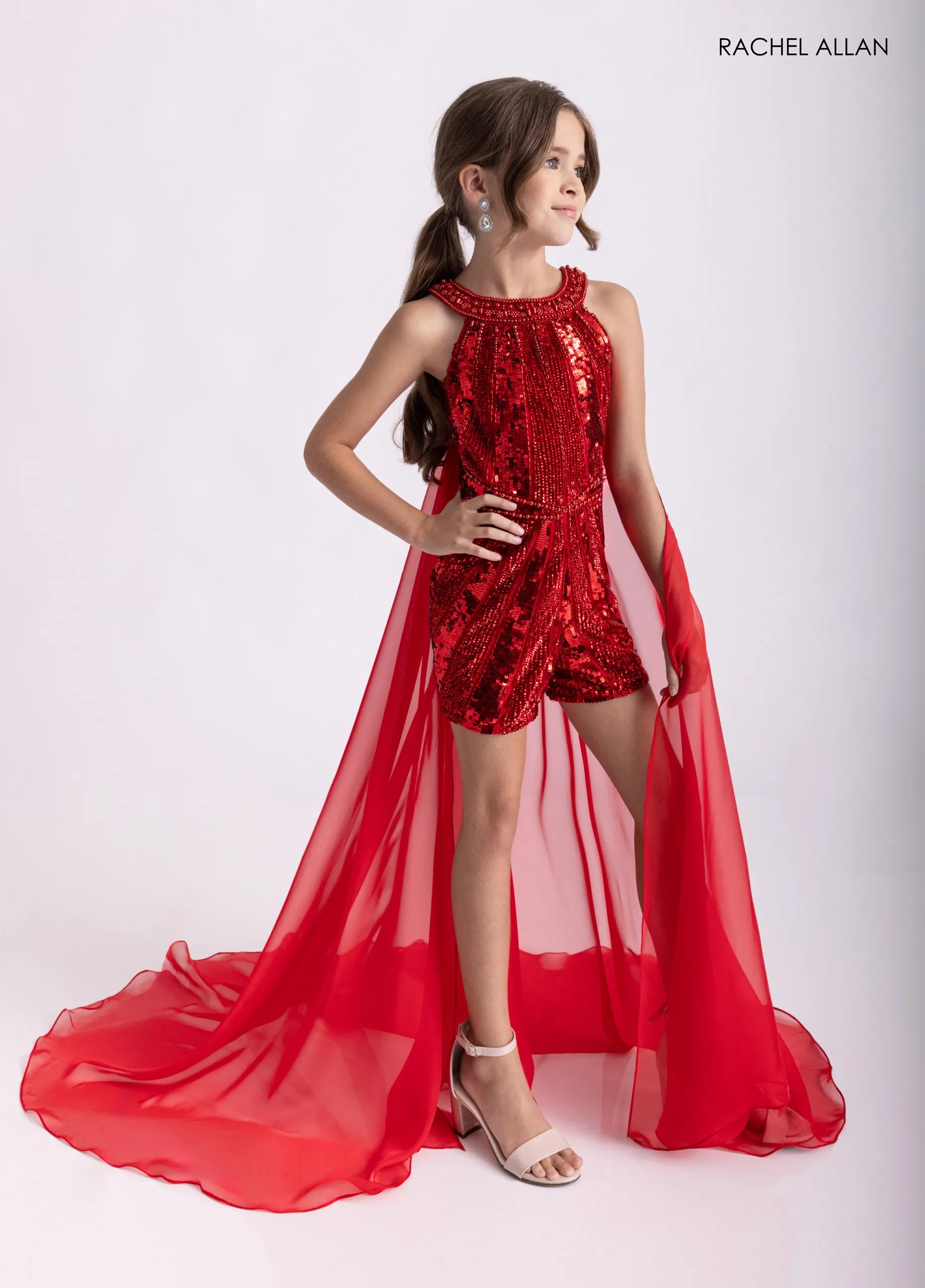 Halter Short Sequin Romper with Train by Rachel Allan 10307 in Red