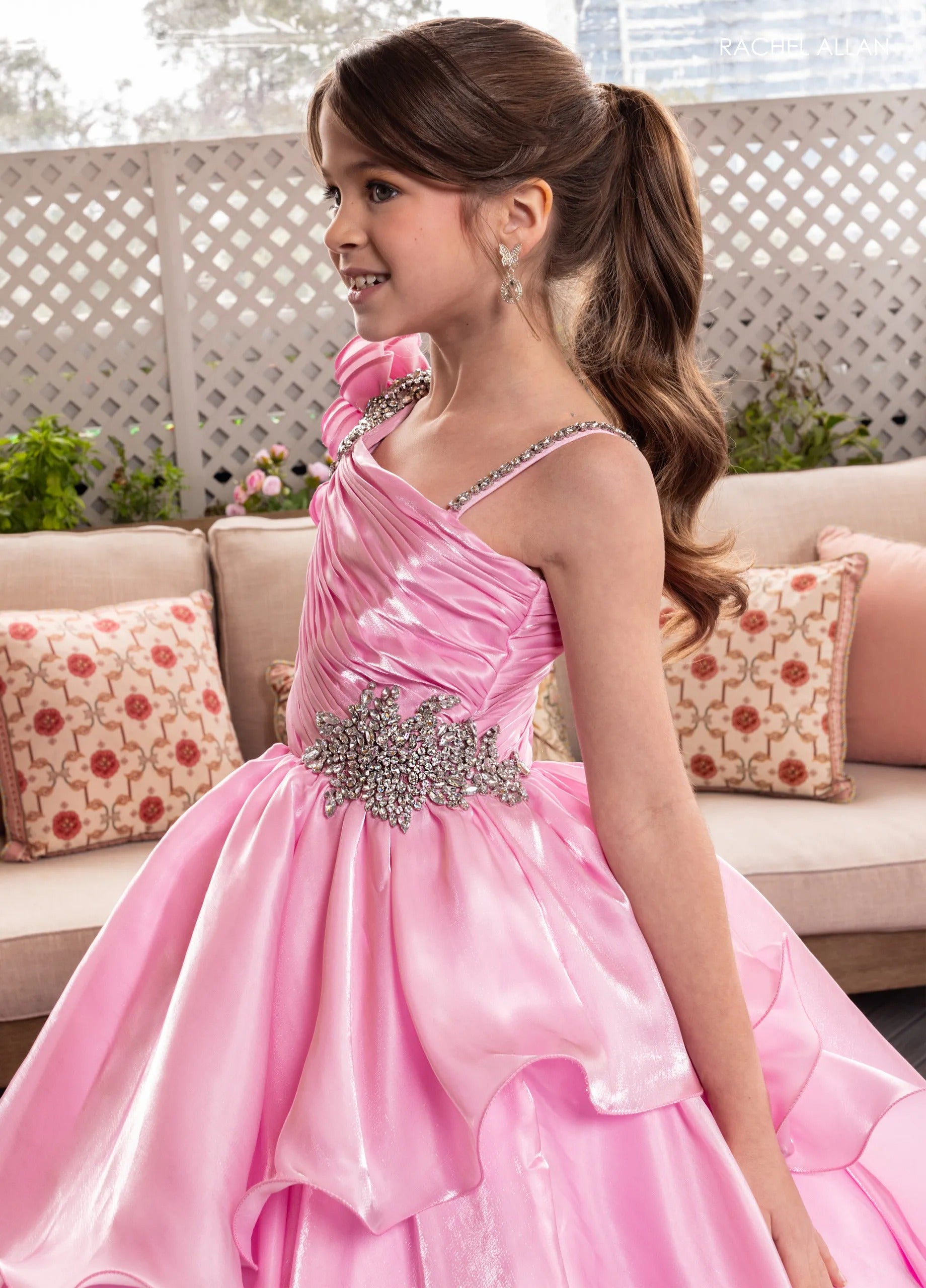 Pink One-Shoulder Floor-Length Crystal Organza Pageant Ball Gown with Floral Appliqué Rachel Allan 10281