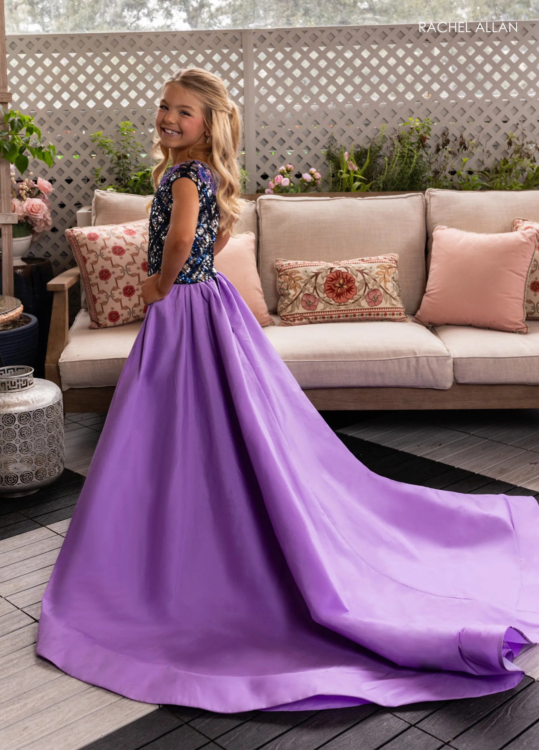 Navy Lilac Bateau Floor-Length Stretch Tulle Flower Girl Jumpsuit with Detachable Taffeta Skirt Rachel Allan 10276