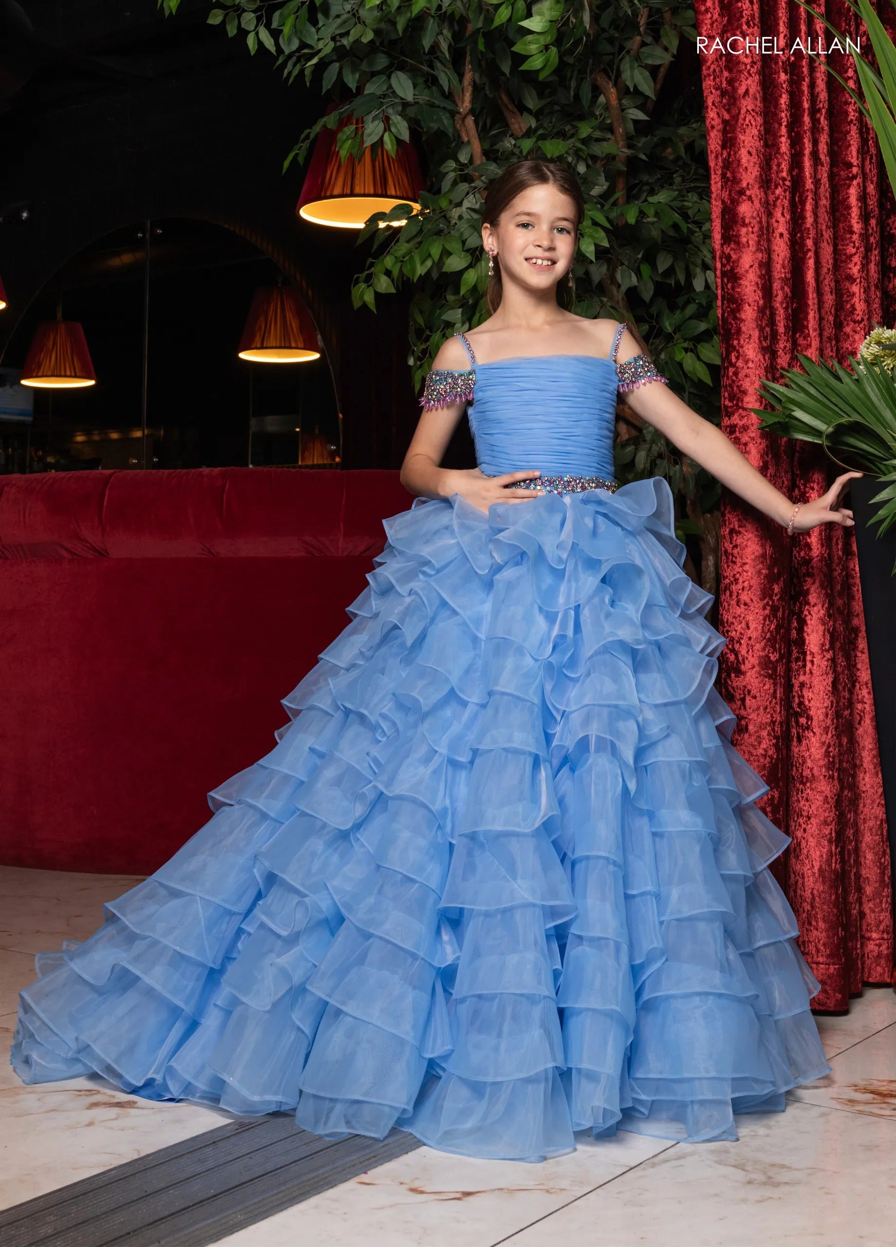 Periwinkle Multi Off-the-Shoulder Floor-Length Shimmering Organza Pageant Ball Gown with Crystal Straps Rachel Allan 10293
