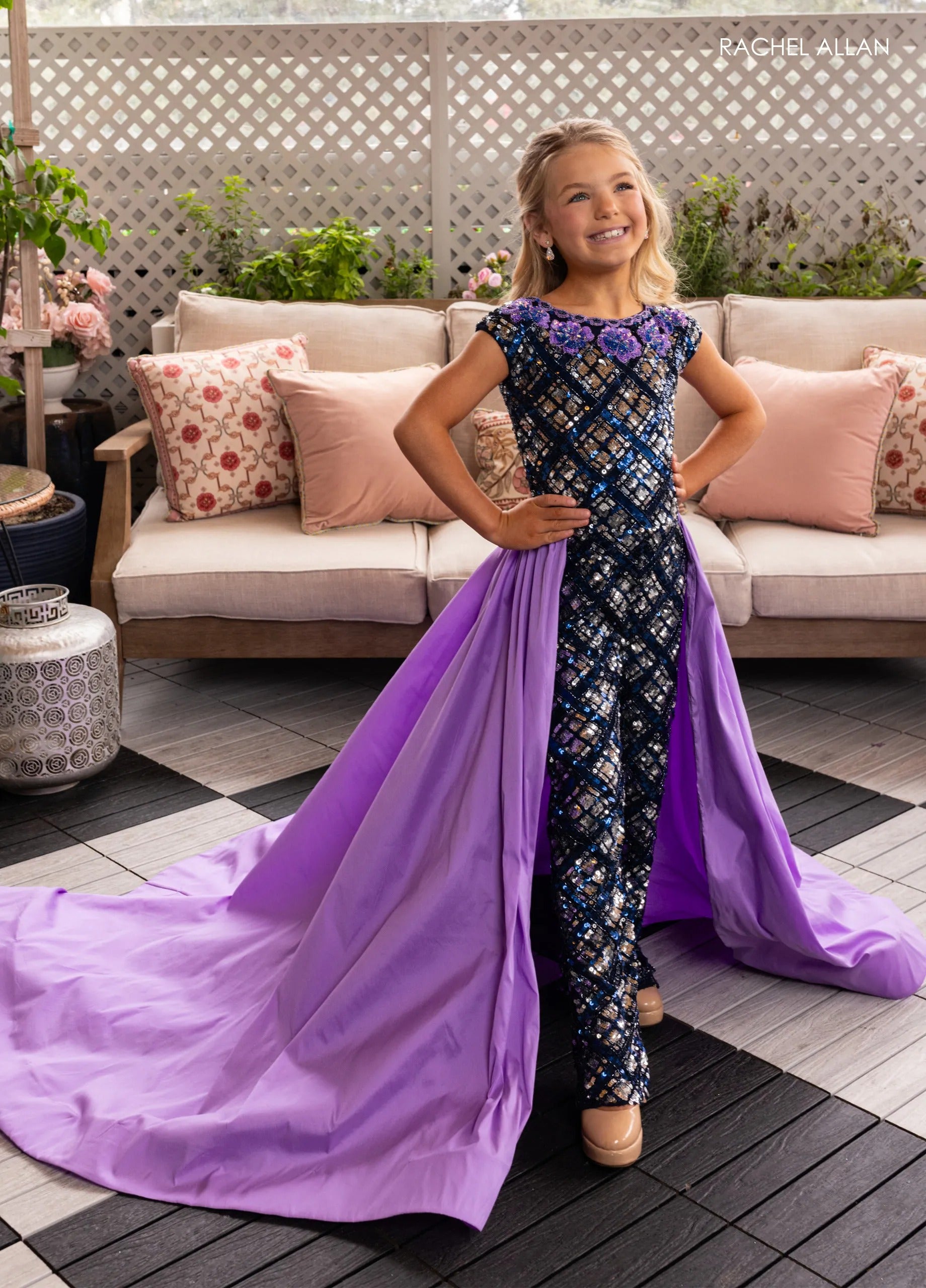 Navy Lilac Bateau Floor-Length Stretch Tulle Flower Girl Jumpsuit with Detachable Taffeta Skirt Rachel Allan 10276
