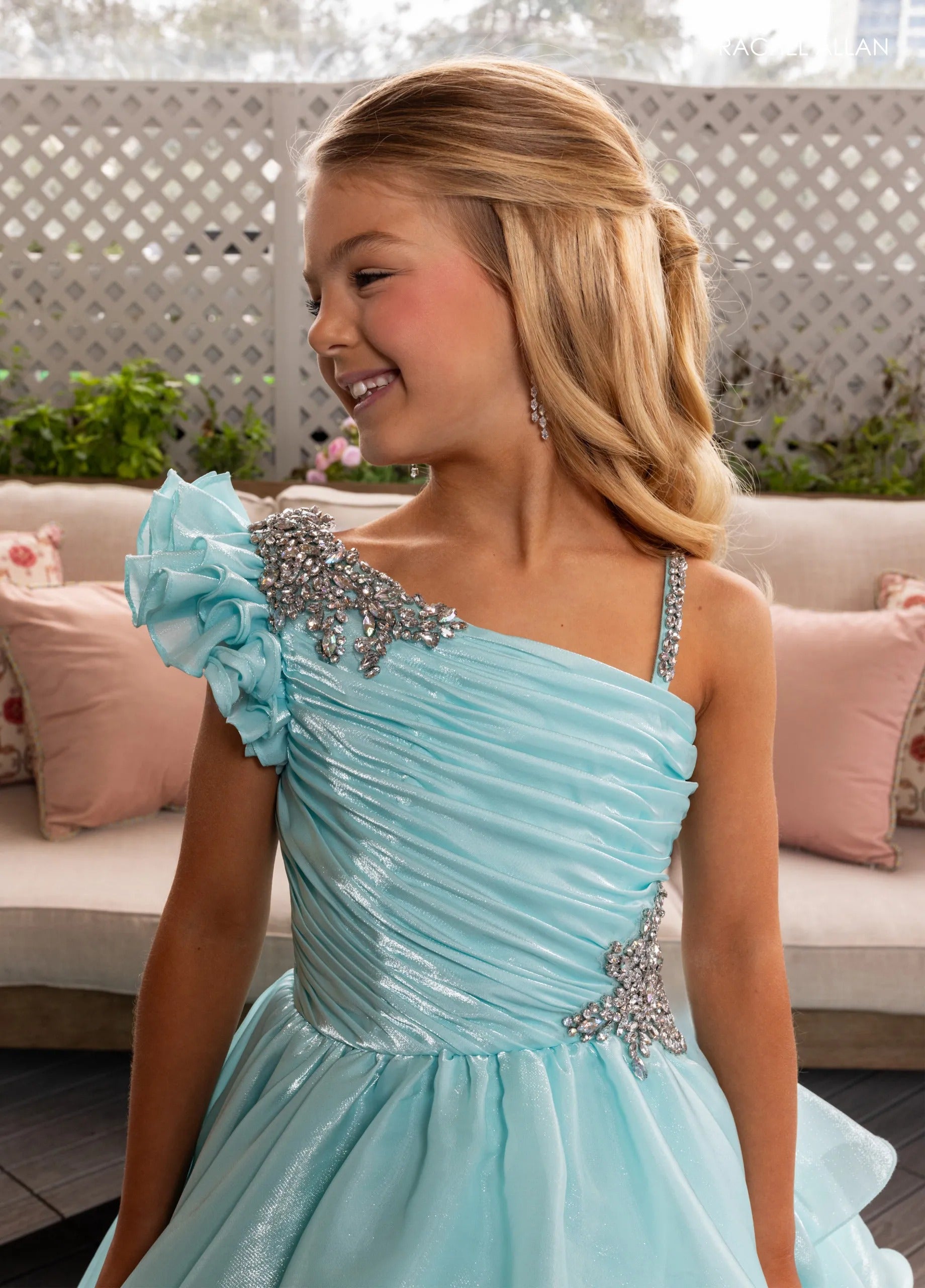 Mint One-Shoulder Floor-Length Crystal Organza Pageant Ball Gown with Floral Appliqué Rachel Allan 10281
