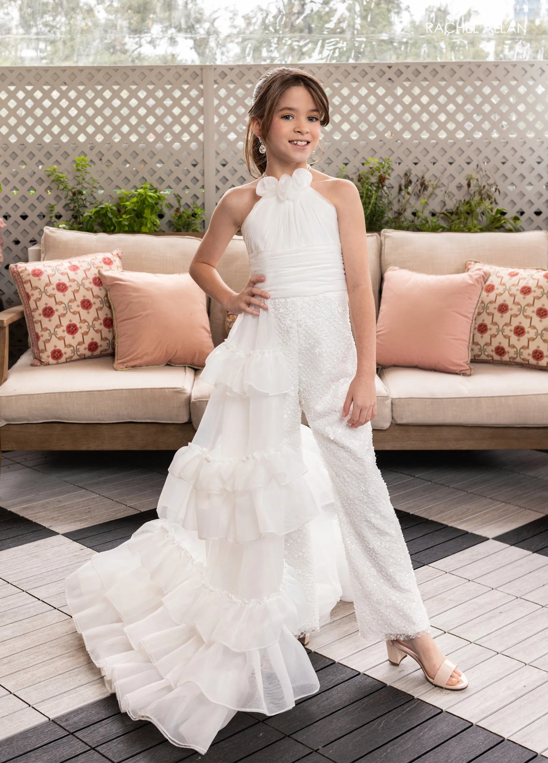 White Halter Floor-Length Organza Pageant Jumpsuit with Detachable Ruffle Train Rachel Allan 10278
