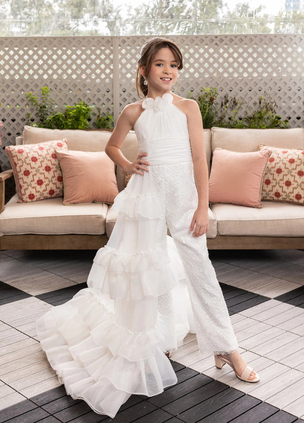 Halter Floor-Length Organza Pageant Jumpsuit with Detachable Ruffle Train Rachel Allan 10278