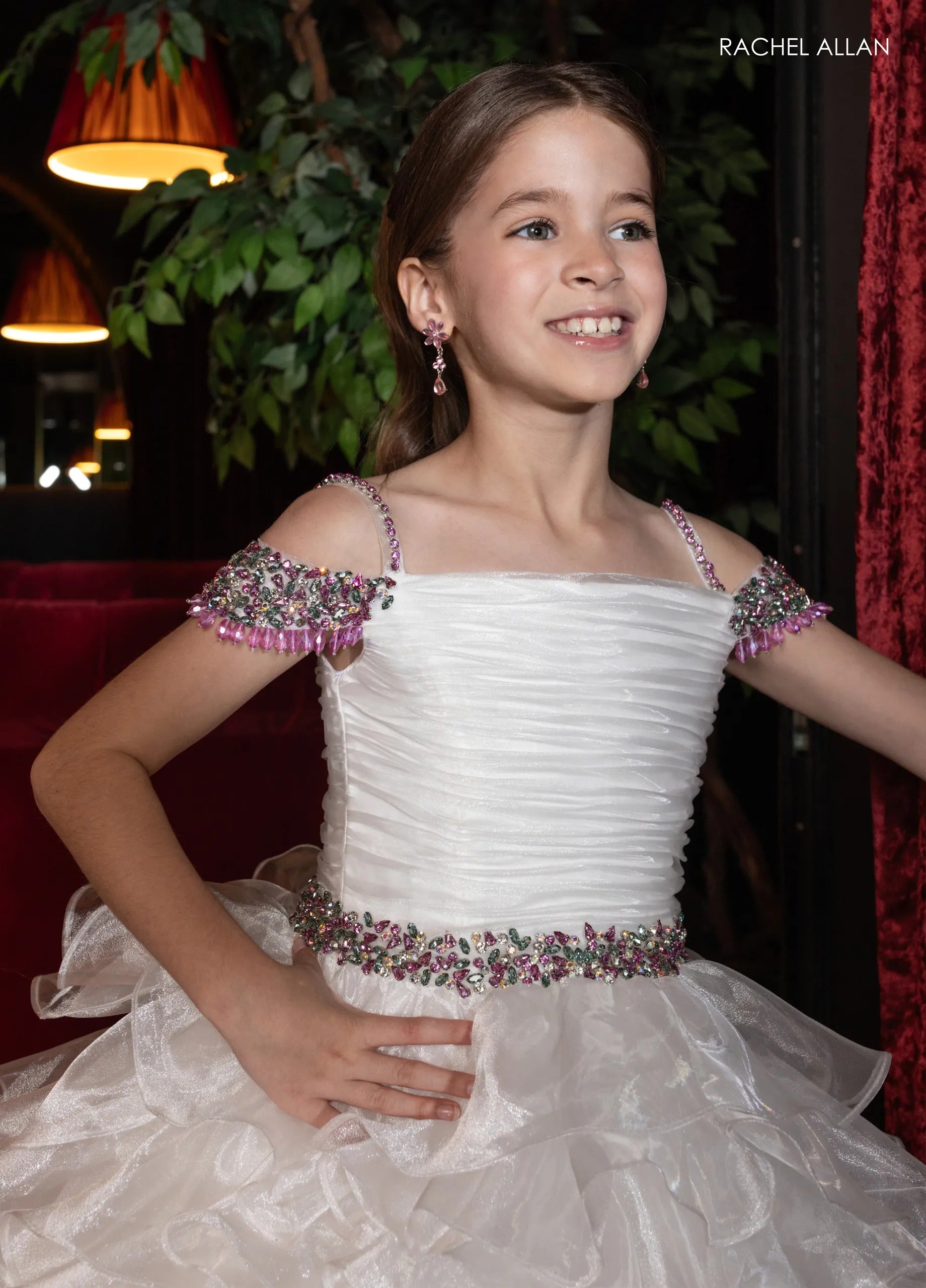 White Multi Off-the-Shoulder Floor-Length Shimmering Organza Pageant Ball Gown with Crystal Straps Rachel Allan 10293