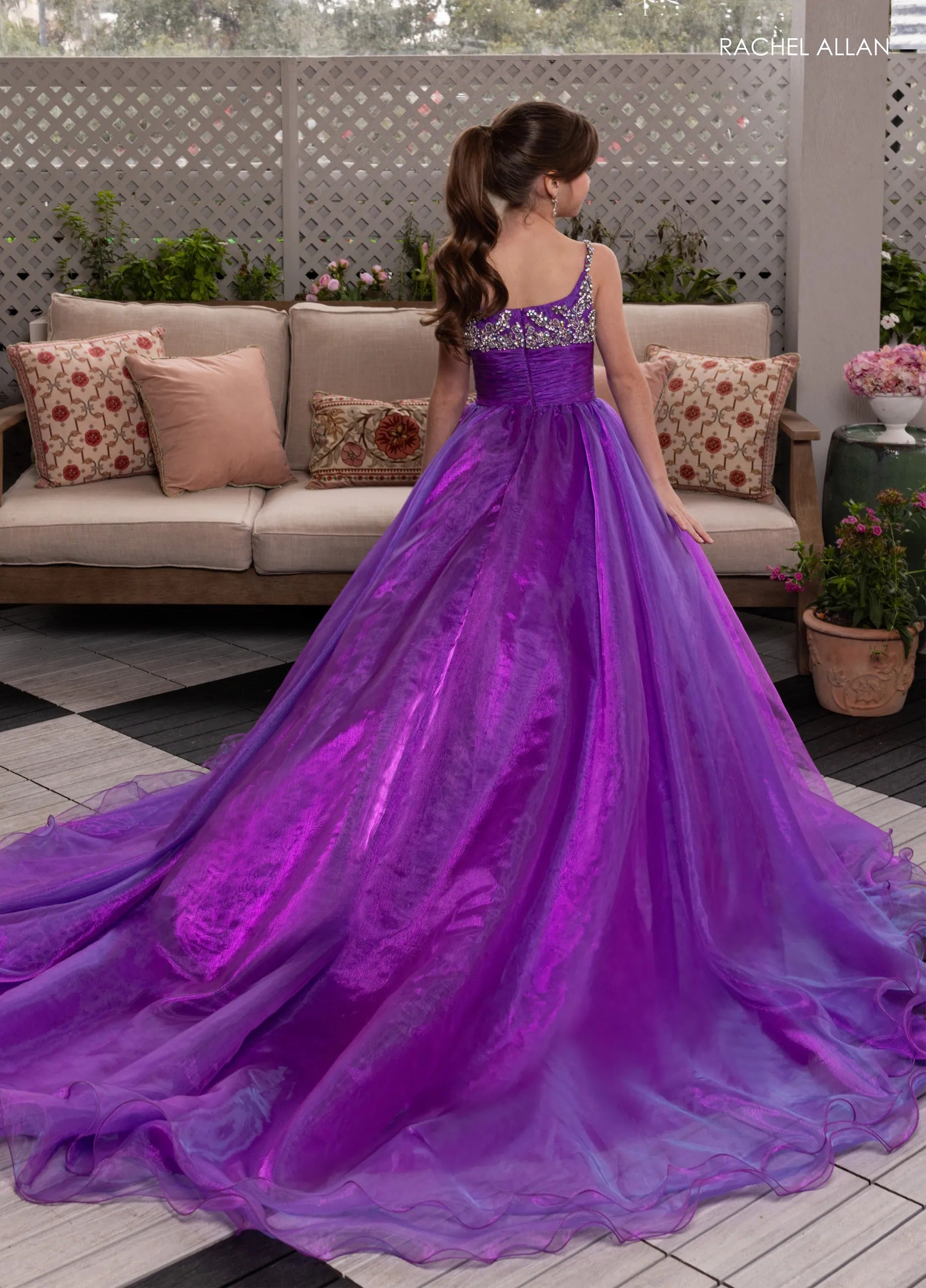 Ultraviolet Scoop-Neck Floor-Length Organza Pageant Ball Gown with Crystal-Beaded Bodice Rachel Allan 10287