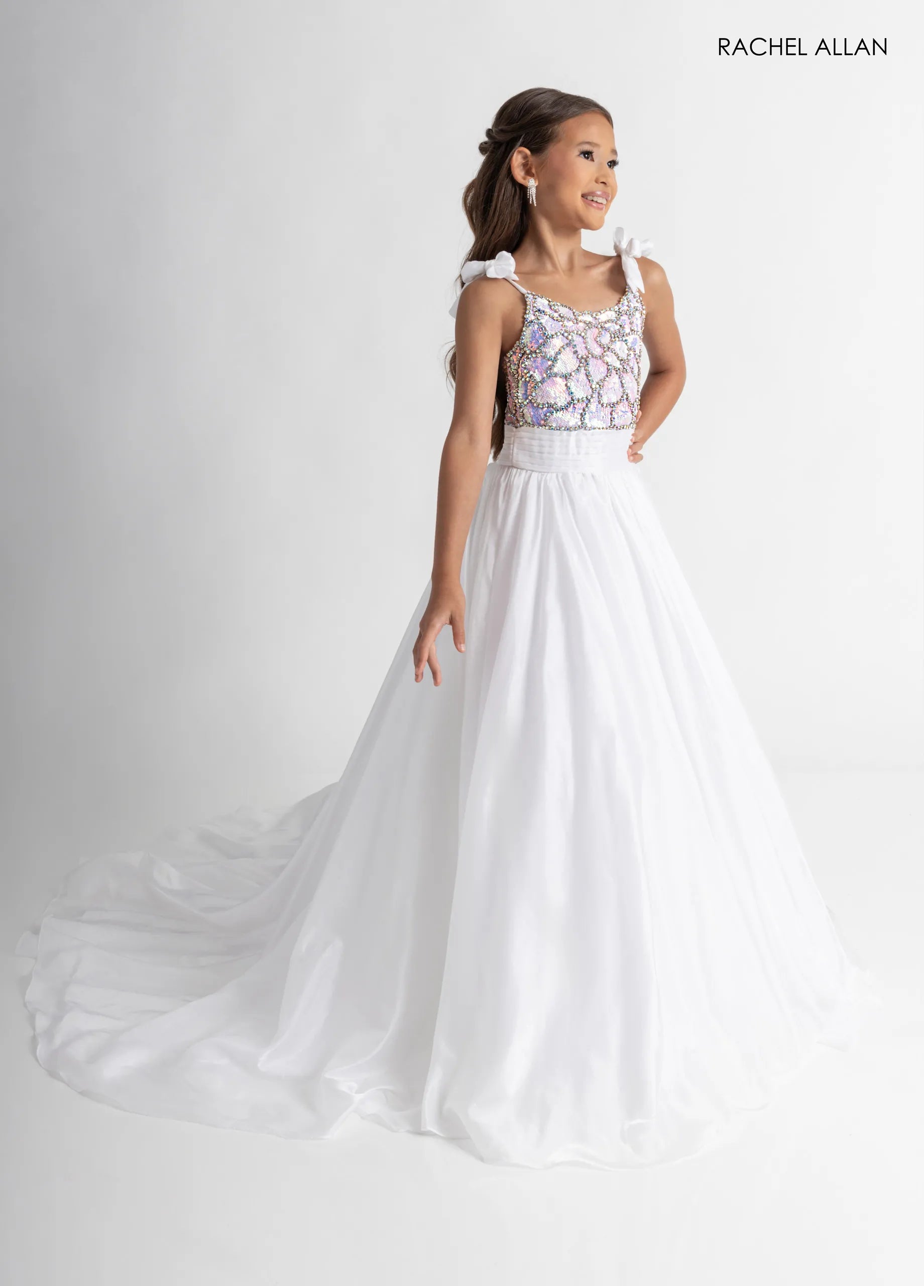 White Multi Scoop Floor-Length Mikado Pageant Dress with Sequin Bodice and Shoulder Bows Rachel Allan 10335