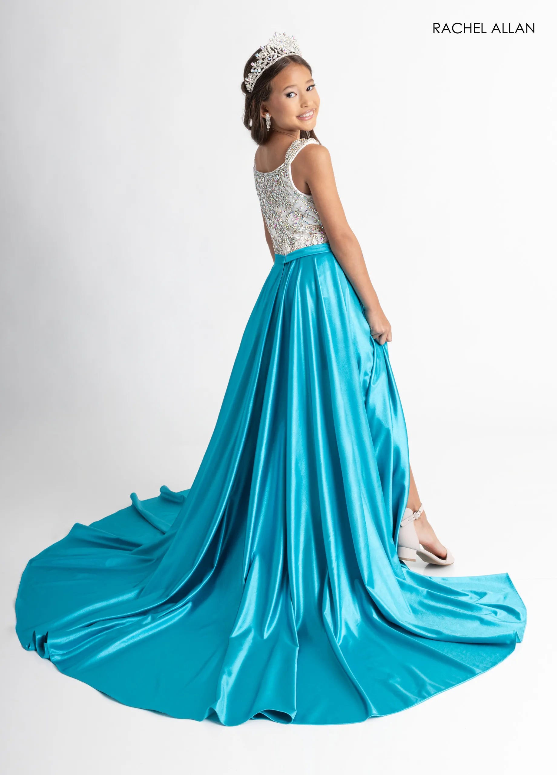 Square Neck High-Low Satin Pageant Dress by Rachel Allan 10315 in Turquoise