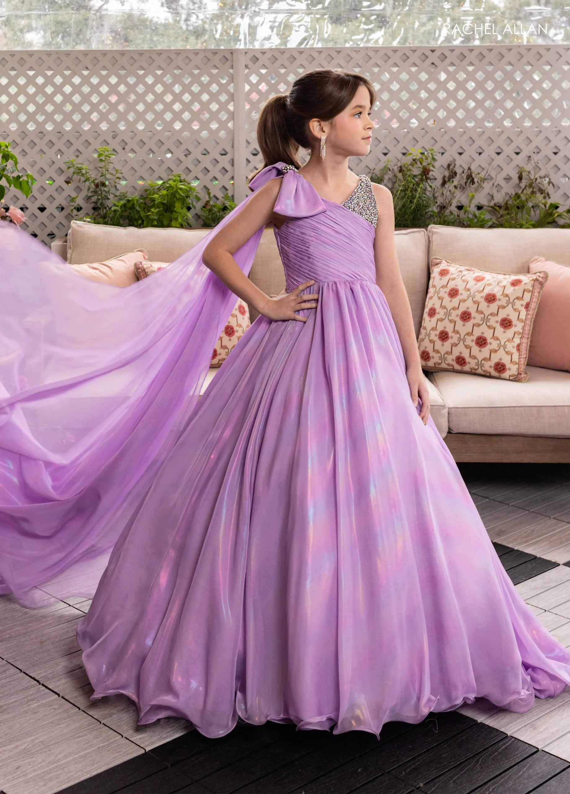 Lilac One-Shoulder Floor-Length Organza Flower Girl Ball Gown with Chiffon Cape Rachel Allan 10296