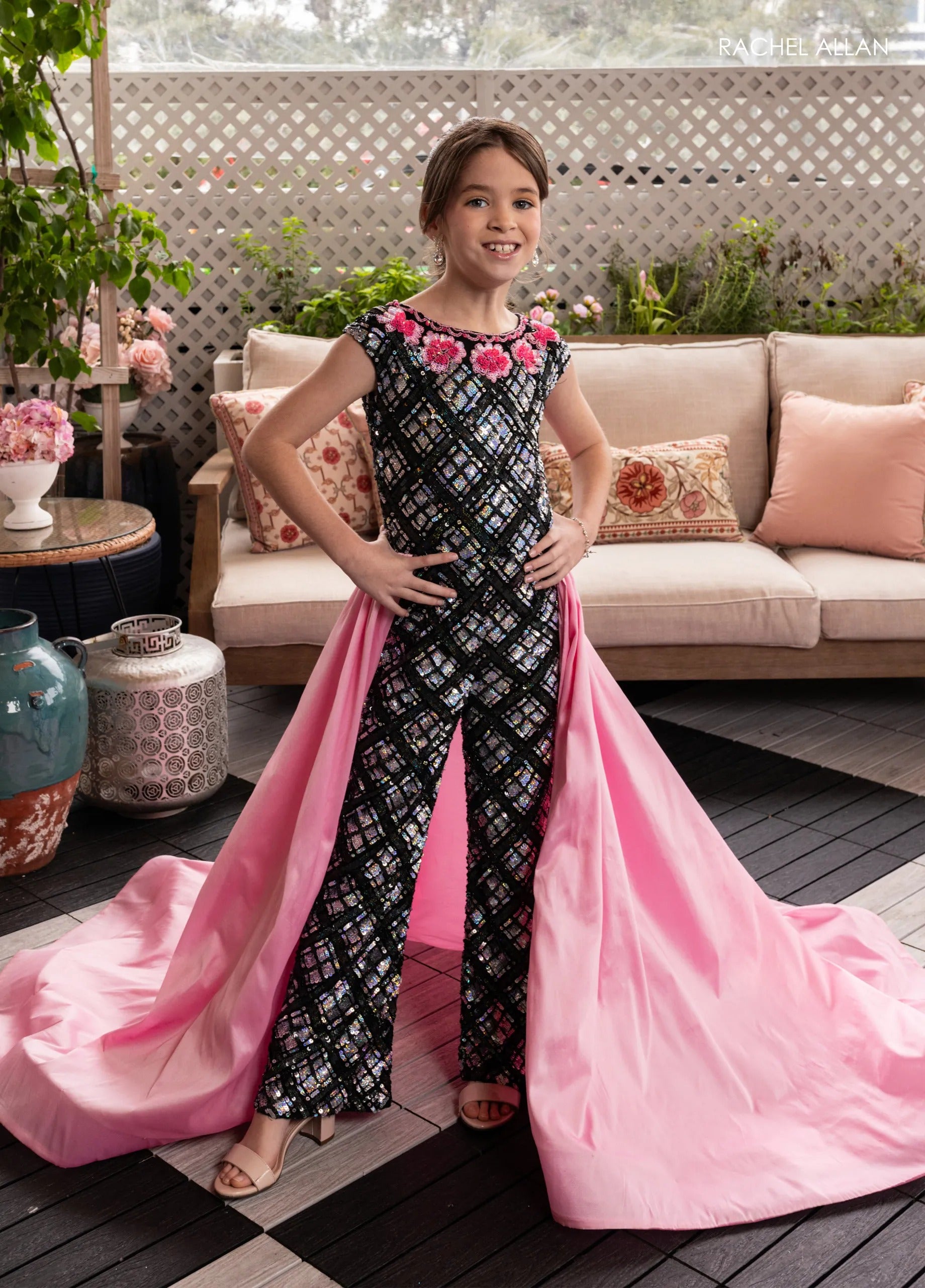 Black Pink Bateau Floor-Length Stretch Tulle Flower Girl Jumpsuit with Detachable Taffeta Skirt Rachel Allan 10276