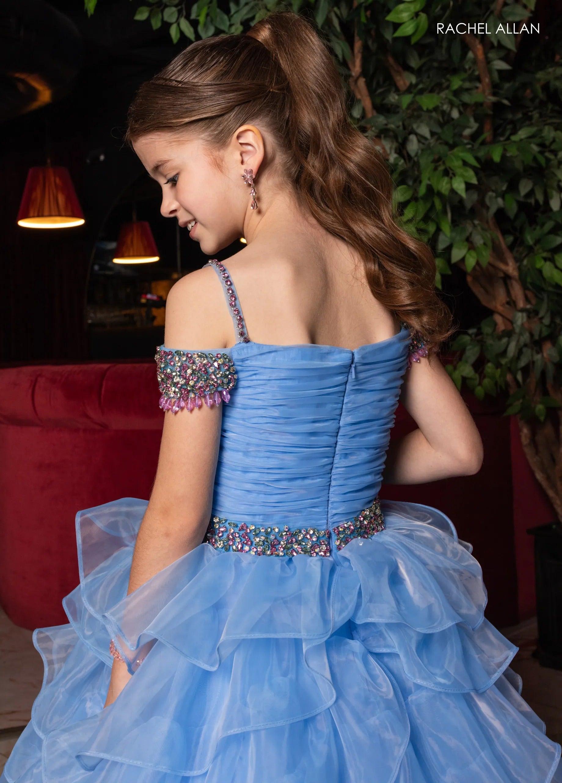 Periwinkle Multi Off-the-Shoulder Floor-Length Shimmering Organza Pageant Ball Gown with Crystal Straps Rachel Allan 10293