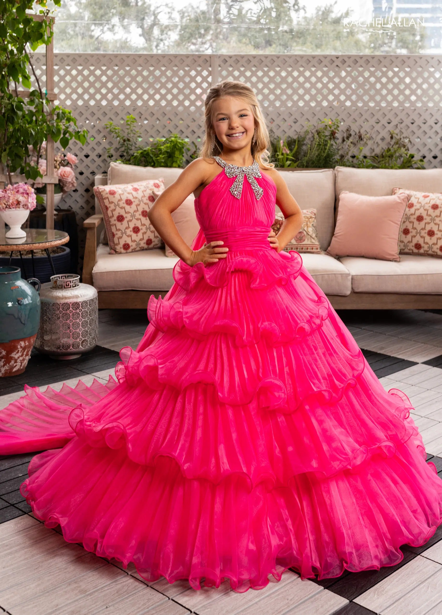 Hot Pink Halter Floor-Length Pleated Organza Pageant Ball Gown with Crystal Bow Rachel Allan 10280