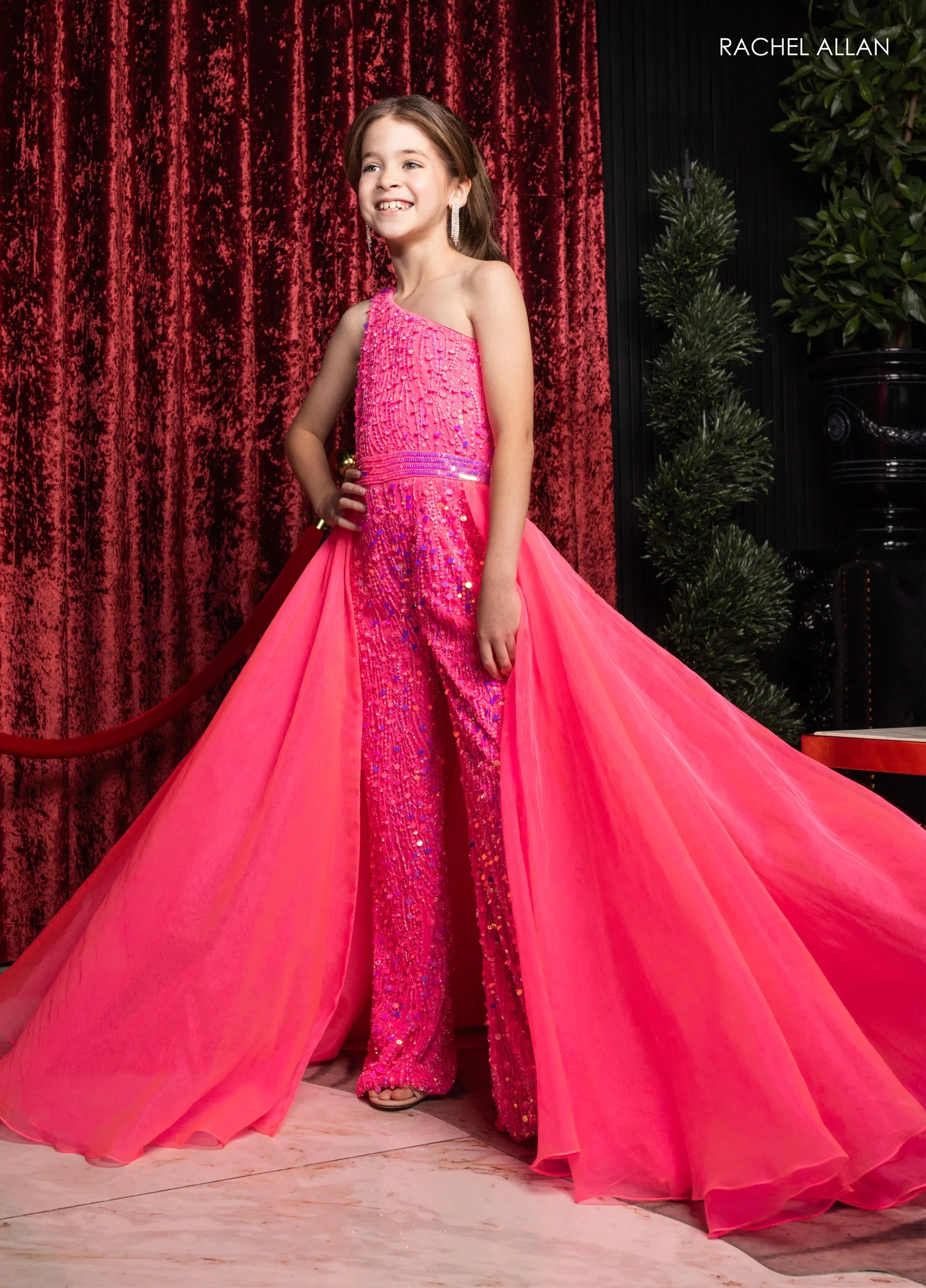 Hot Pink One-Shoulder Floor-Length Beaded Pageant Jumpsuit with Organza Overskirt Rachel Allan 10290