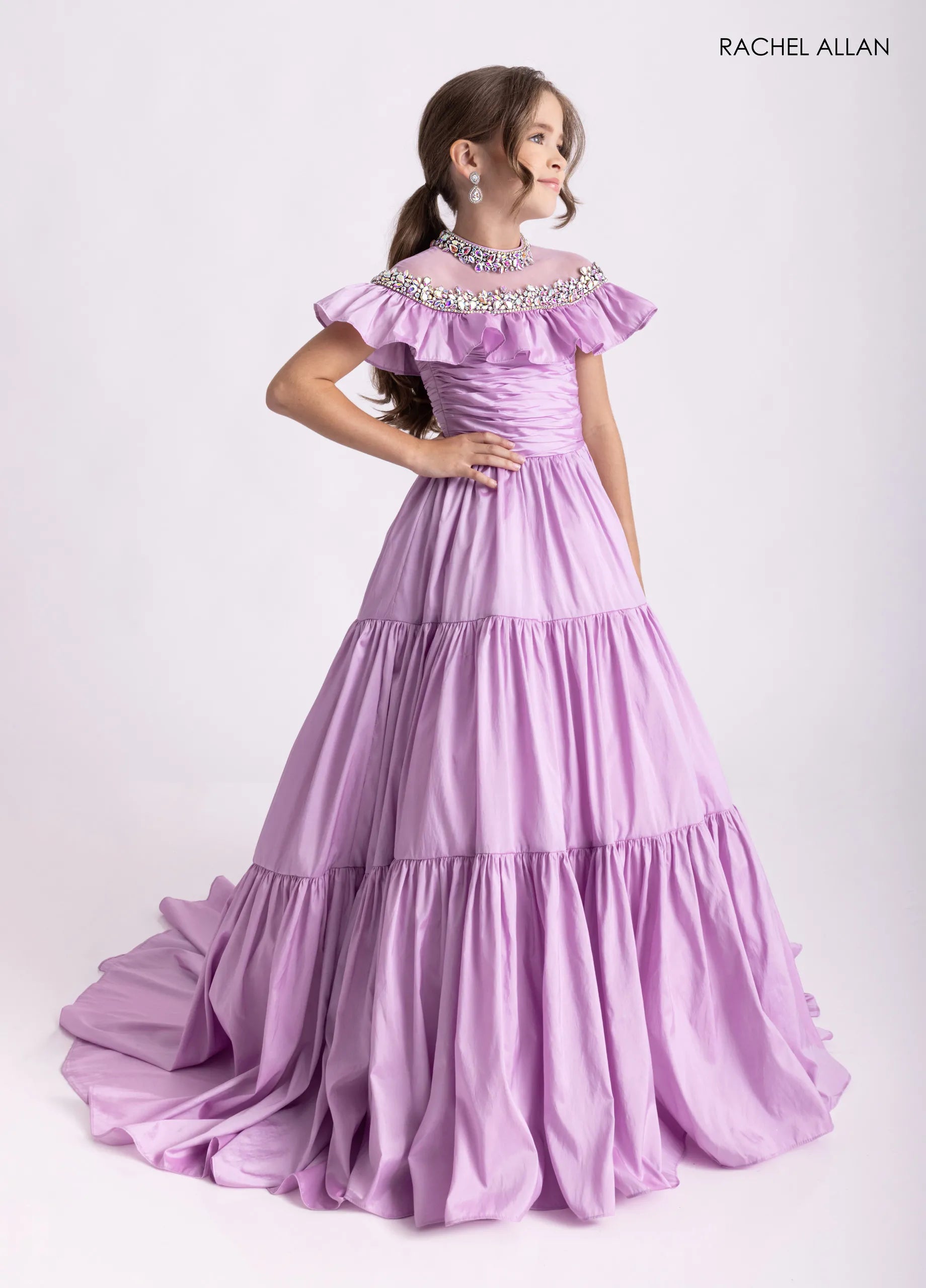 Orchid High-Neck Floor-Length Taffeta Flower Girl Dress with Tiered Skirt and Crystal Collar Rachel Allan 10326