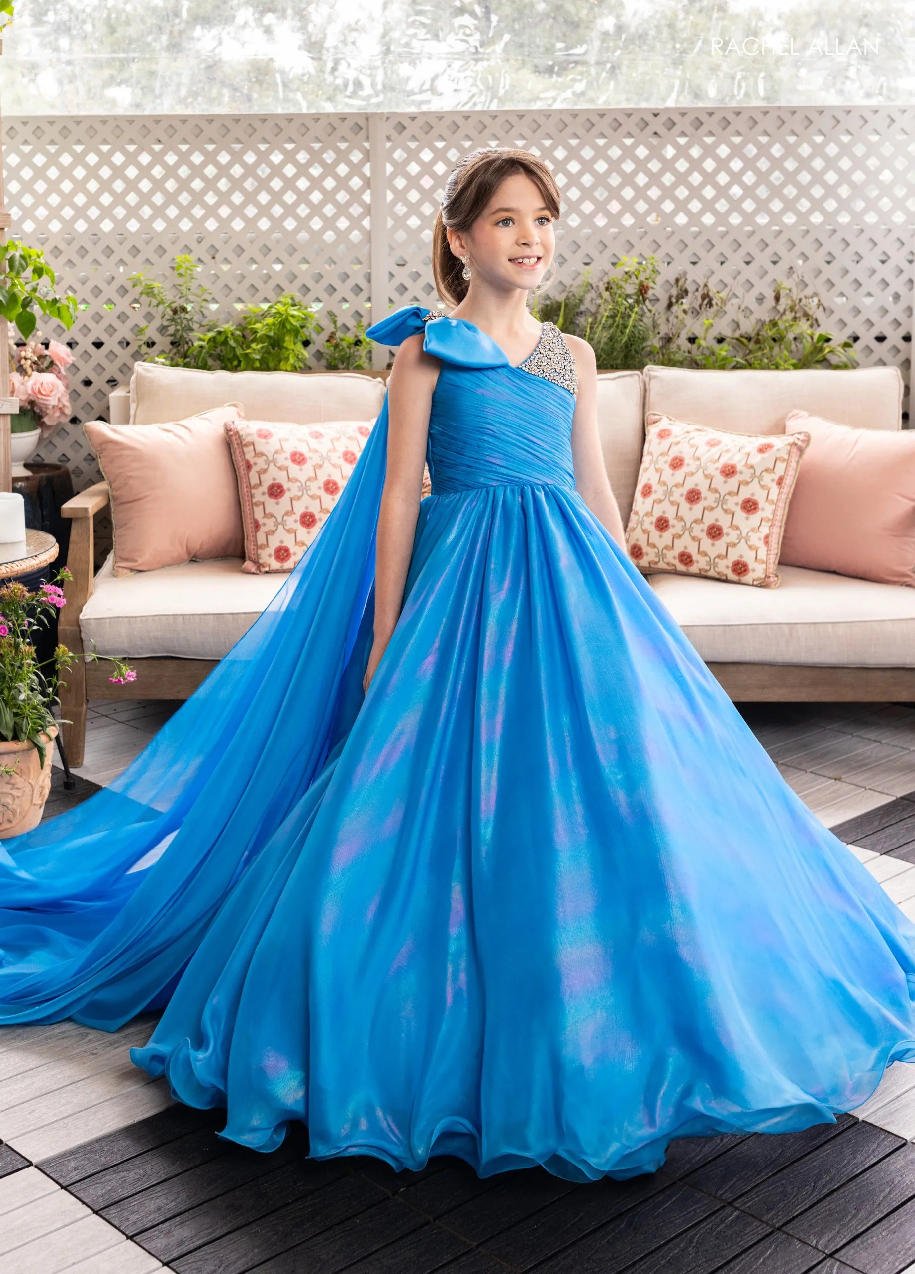 Turquoise One-Shoulder Floor-Length Organza Flower Girl Ball Gown with Chiffon Cape Rachel Allan 10296