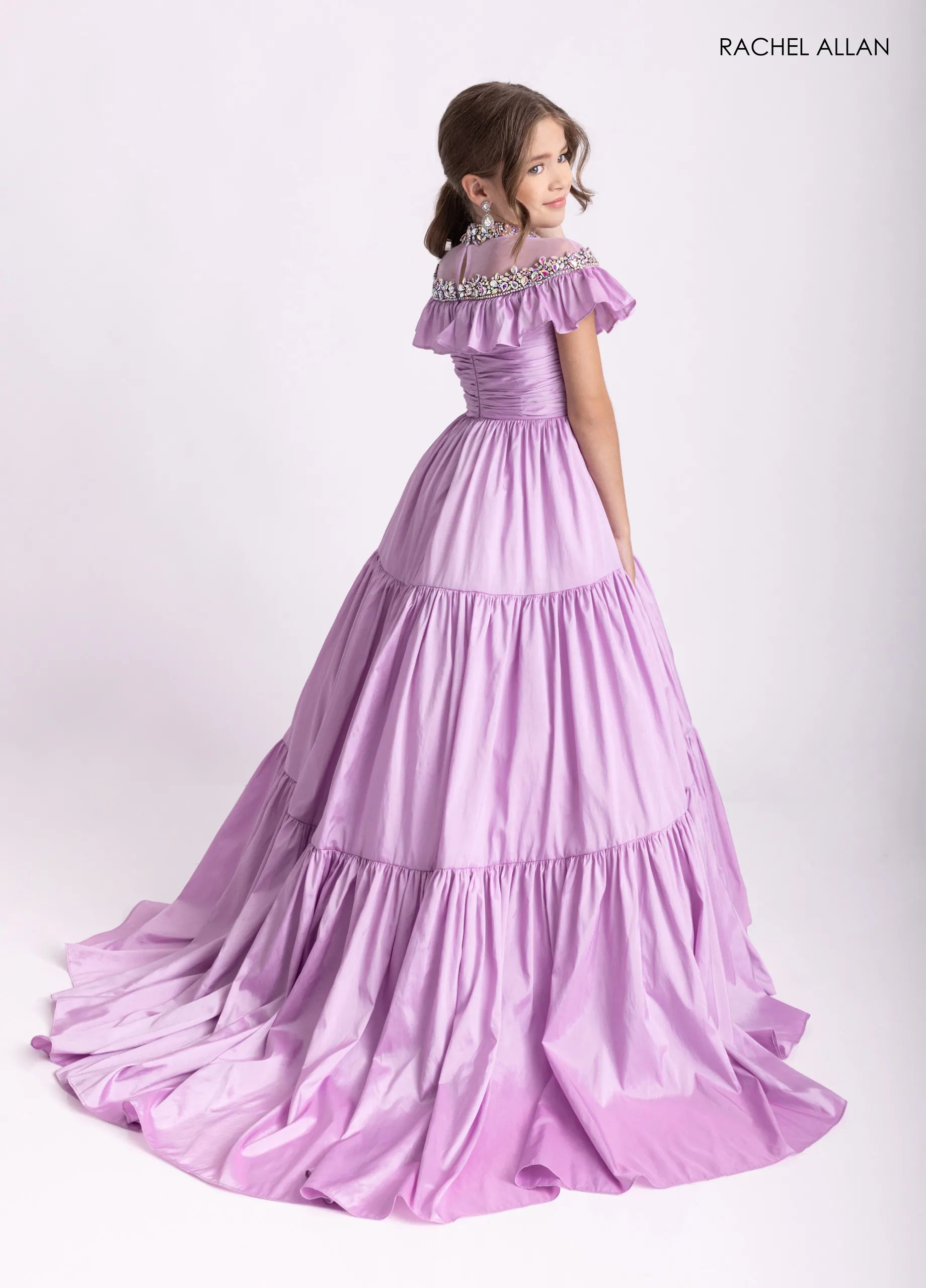 Orchid High-Neck Floor-Length Taffeta Flower Girl Dress with Tiered Skirt and Crystal Collar Rachel Allan 10326