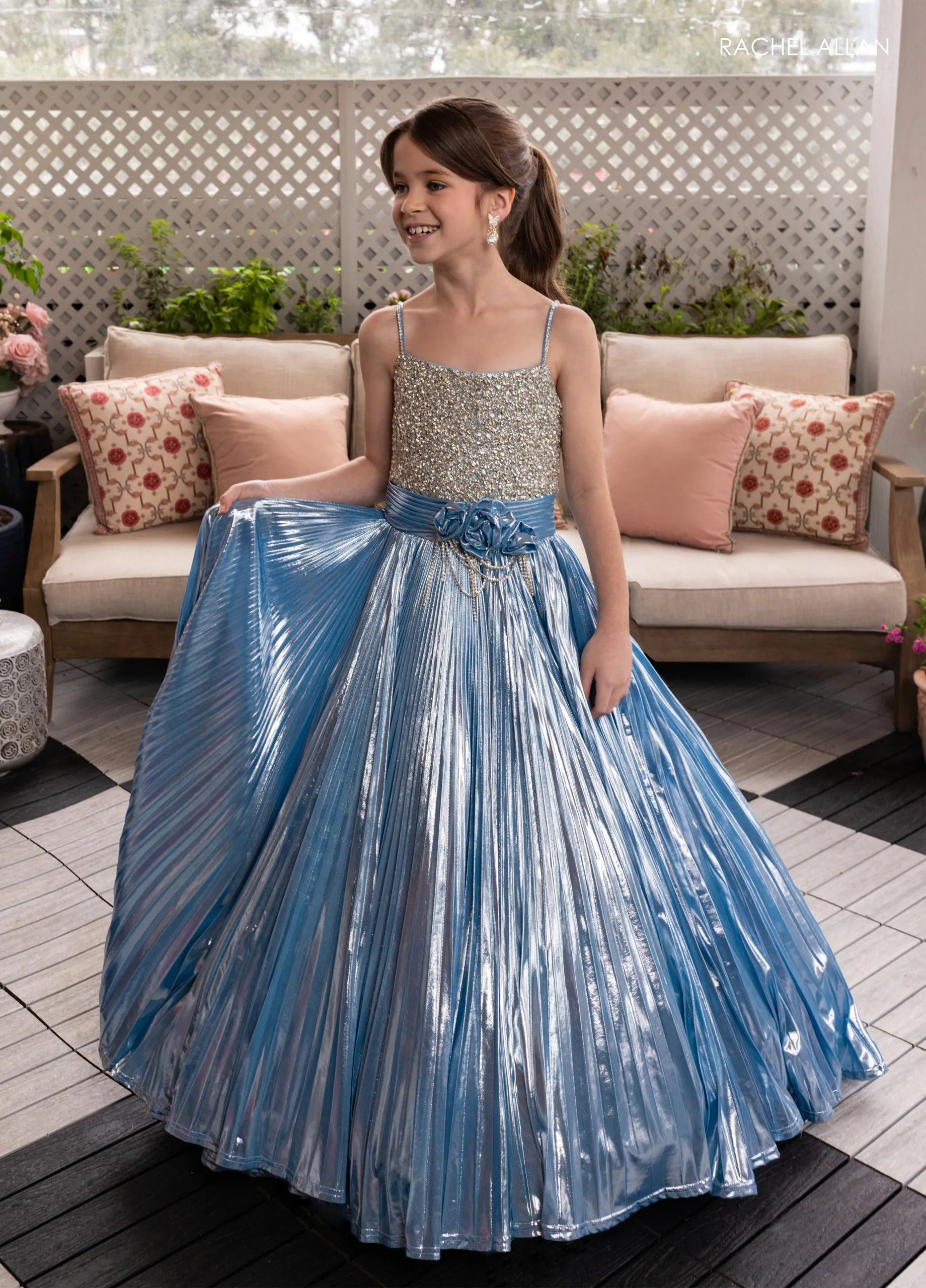 Ice Blue Square Neck Floor-Length Pleated Lame Pageant Gown with 3D Floral Accent Rachel Allan 10277