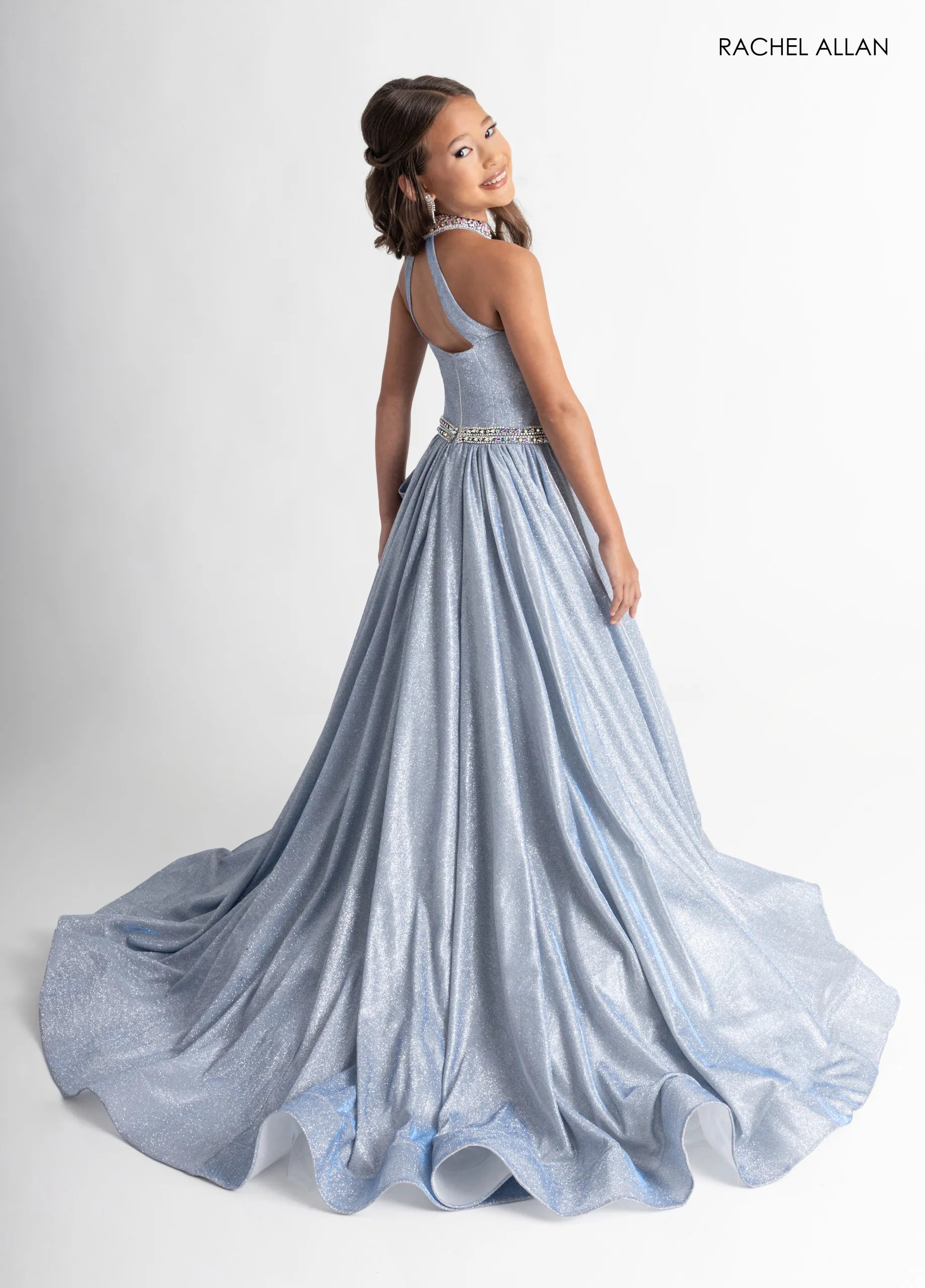 Silver Shimmer Halter Floor-Length Shimmer Flower Girl Ball Gown with Beaded Waistband Rachel Allan 10322