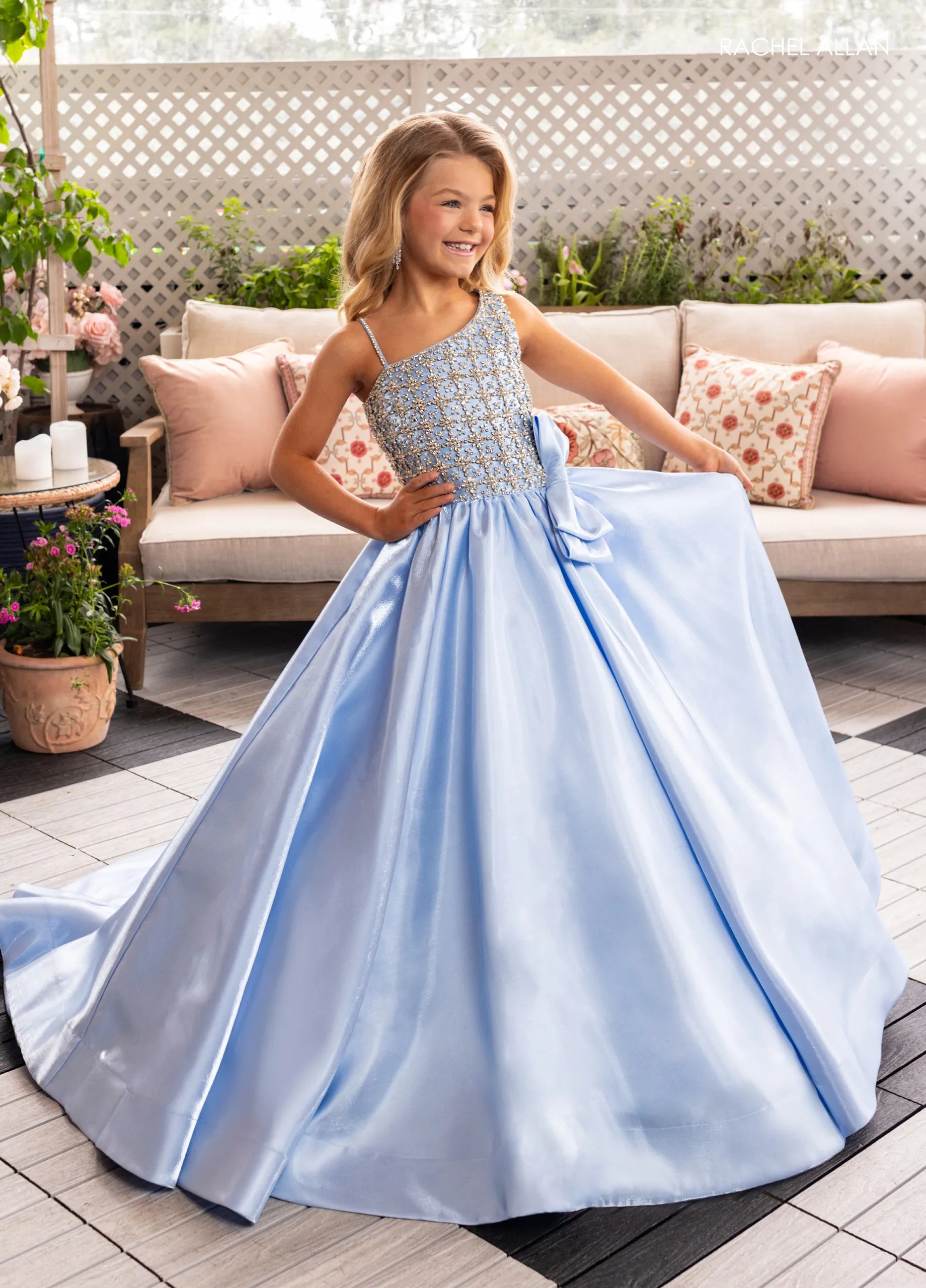 Powder Blue One-Shoulder Floor-Length Shimmer Satin Flower Girl Dress with Beaded Bodice and Side Bow Rachel Allan 10298