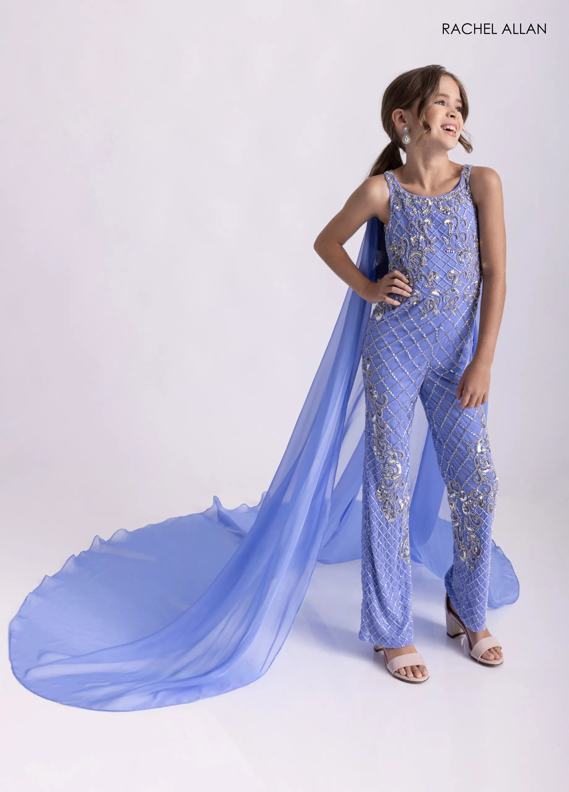 Periwinkle Silver Scoop Neck Floor-Length Beaded Mesh Pageant Jumpsuit with Attached Cape Rachel Allan 10320