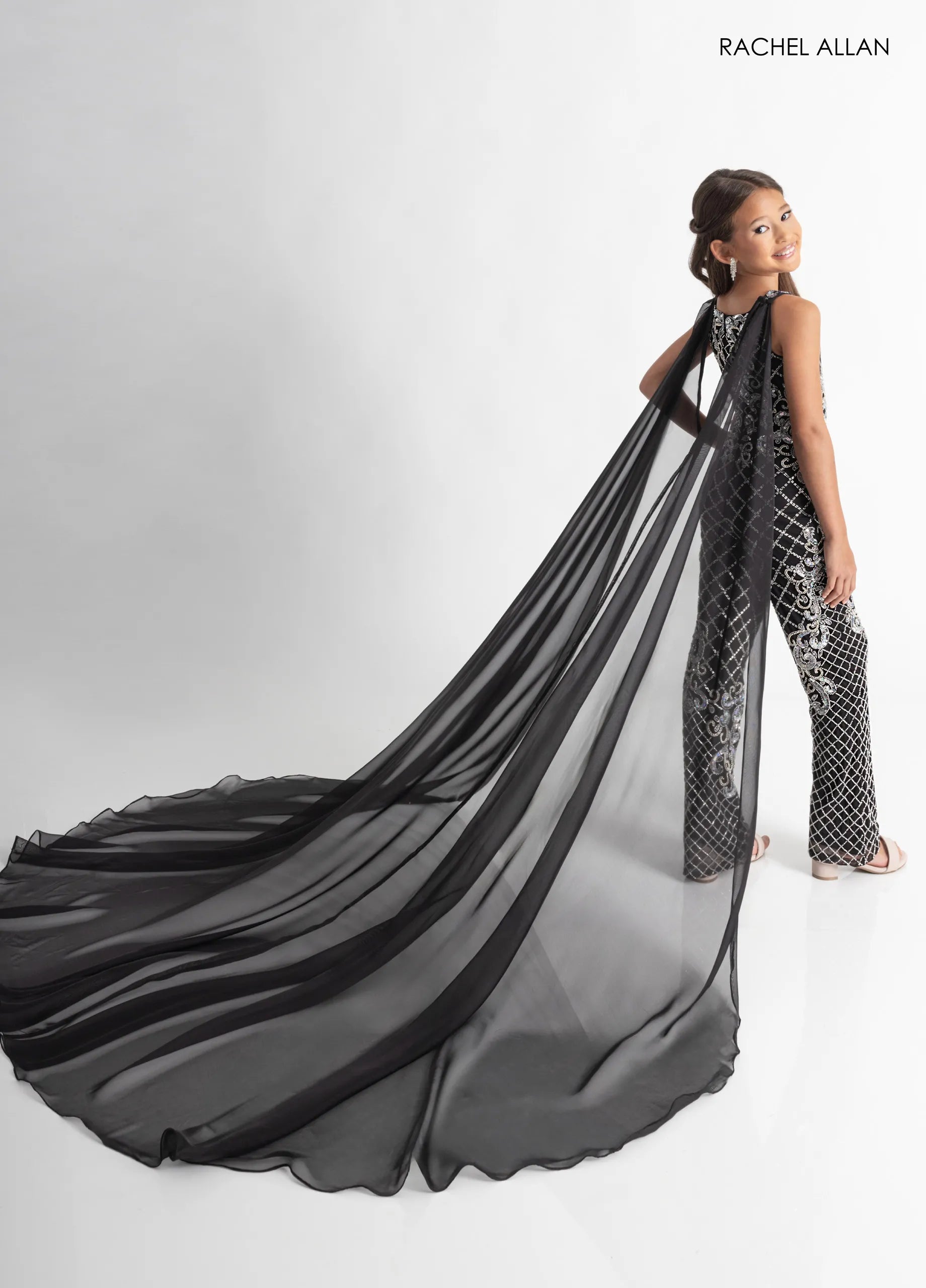Black Silver Scoop Neck Floor-Length Beaded Mesh Pageant Jumpsuit with Attached Cape Rachel Allan 10320
