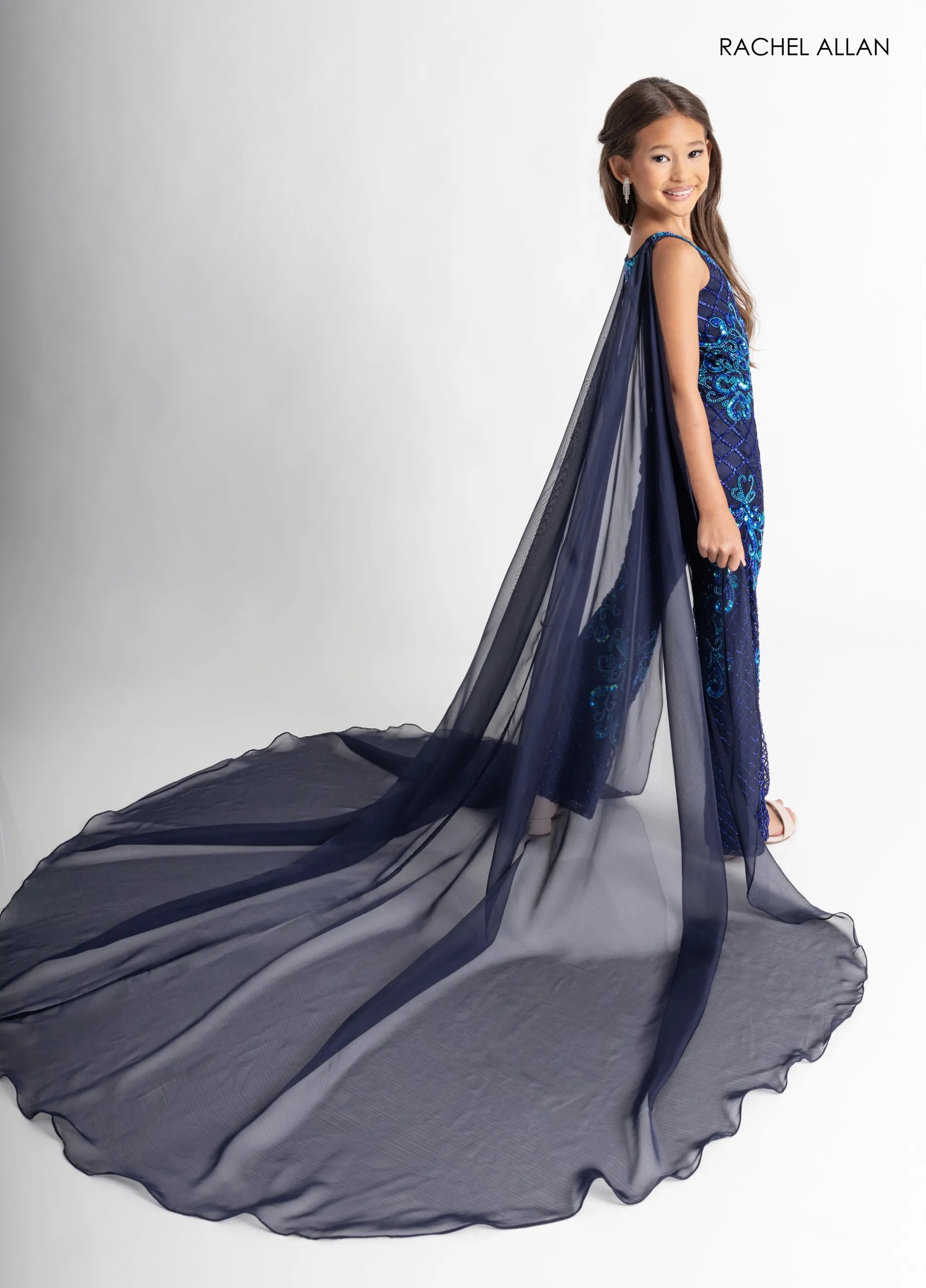 Navy Multi Scoop Neck Floor-Length Beaded Mesh Pageant Jumpsuit with Attached Cape Rachel Allan 10320