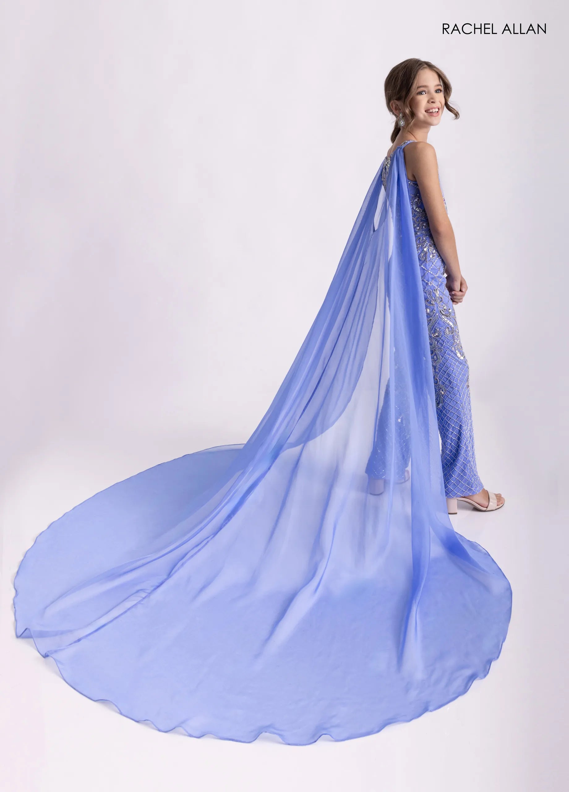 Periwinkle Silver Scoop Neck Floor-Length Beaded Mesh Pageant Jumpsuit with Attached Cape Rachel Allan 10320