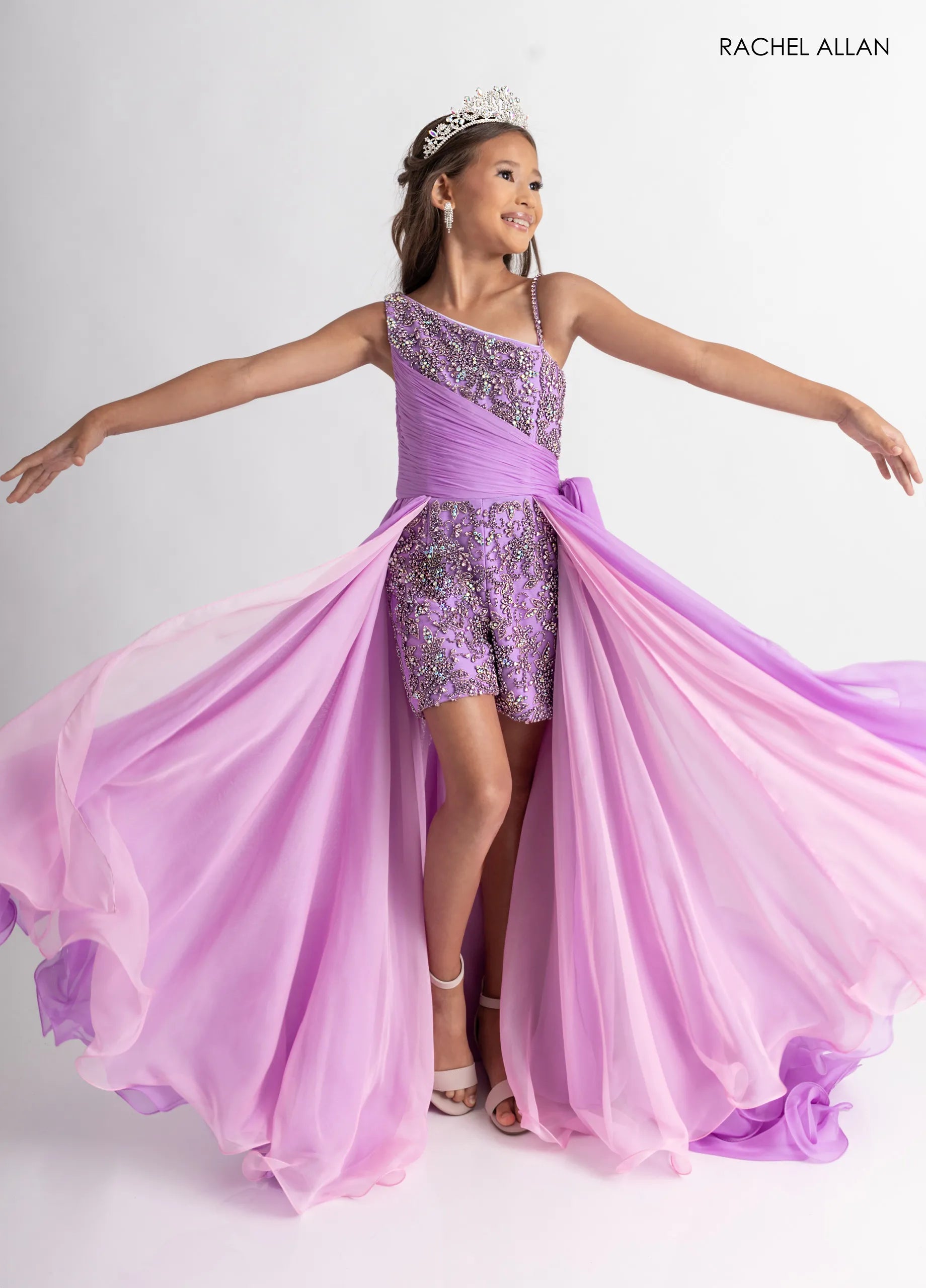 One-Shoulder Short Embellished Romper Gown by Rachel Allan 10311 in Lilac Pink