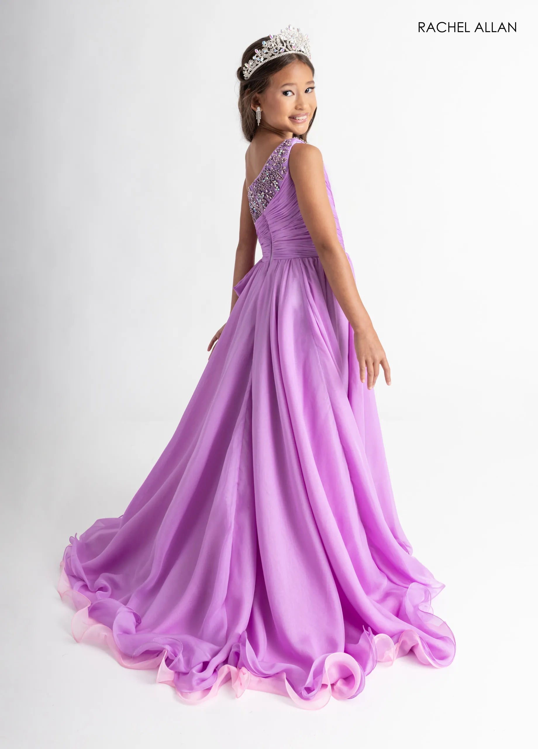 One-Shoulder Short Embellished Romper Gown by Rachel Allan 10311 in Lilac Pink