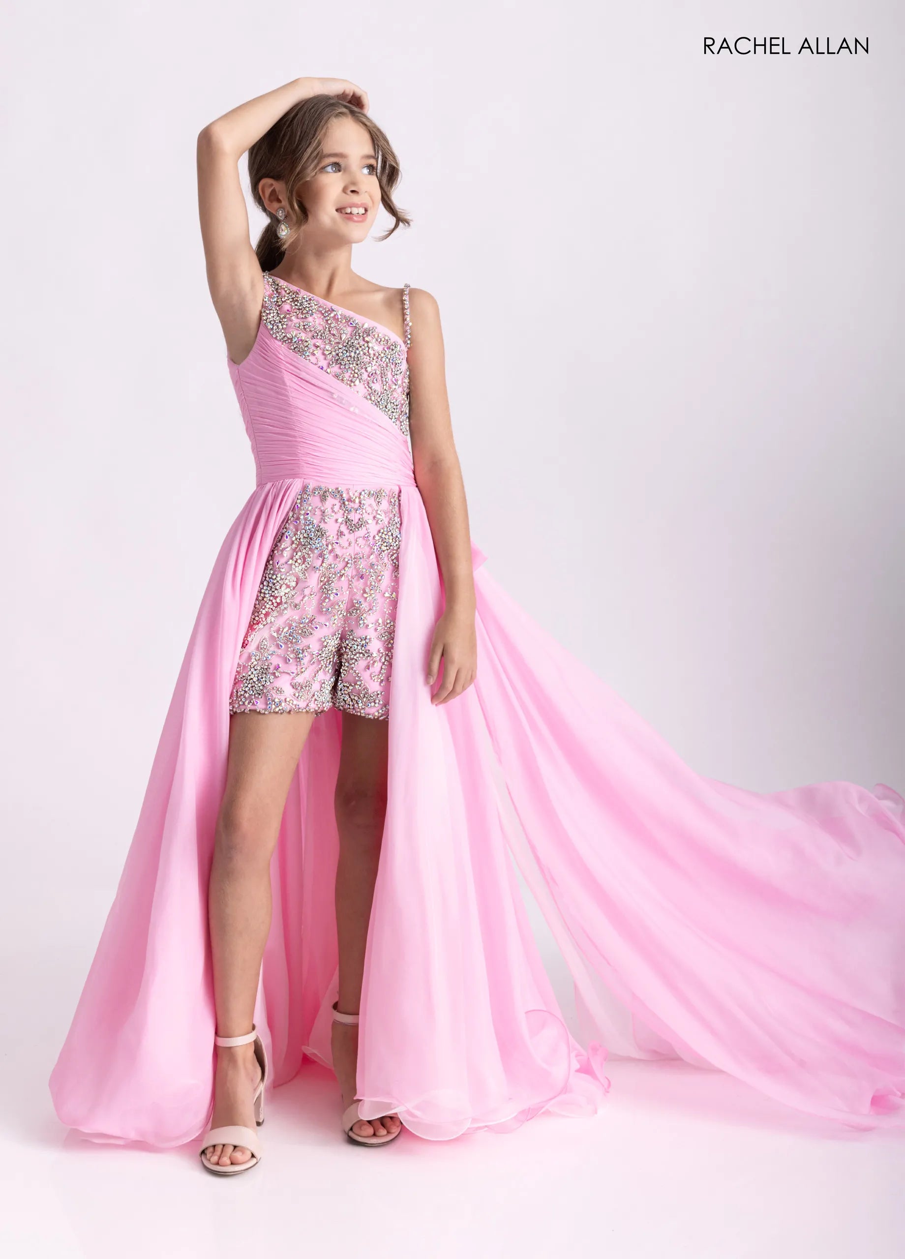 One-Shoulder Short Embellished Romper Gown by Rachel Allan 10311 in Pink