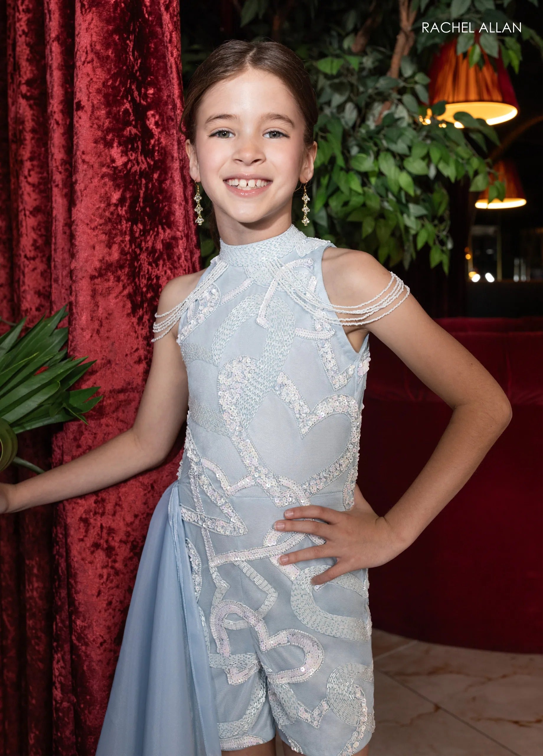 Powder Blue White Cold-Shoulder Short Sequin Pageant Romper with Organza Cape Rachel Allan 10292