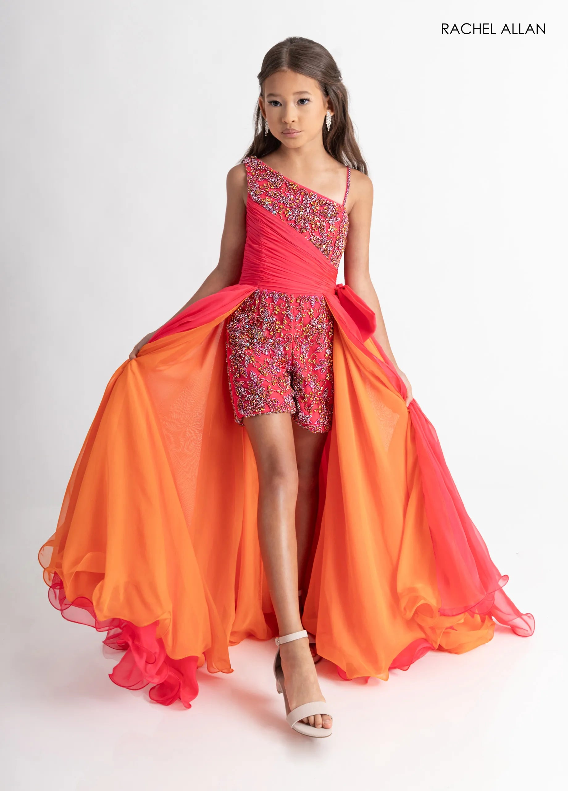 One-Shoulder Short Embellished Romper Gown by Rachel Allan 10311 in Hot Pink Tangerine